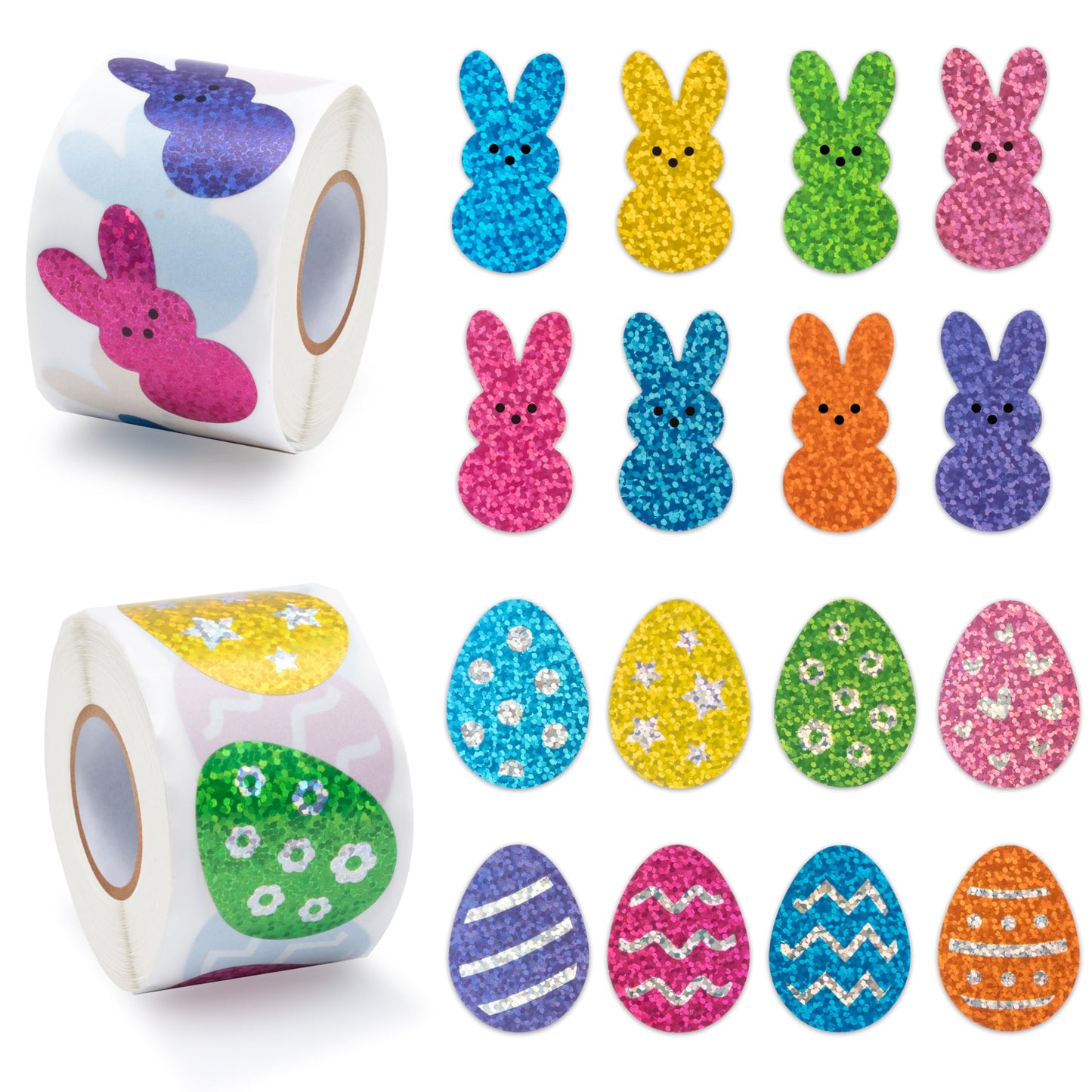BeYumi Easter Laser Bunny Stickers – 1000 Pcs on 2 Glittery Rolls