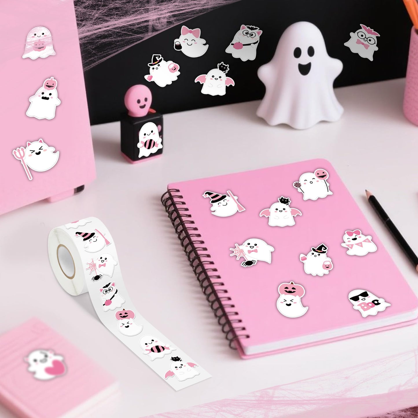 BeYumi Halloween Pink Ghost Stickers – 1000 Pcs, 2 Rolls, Waterproof Vinyl