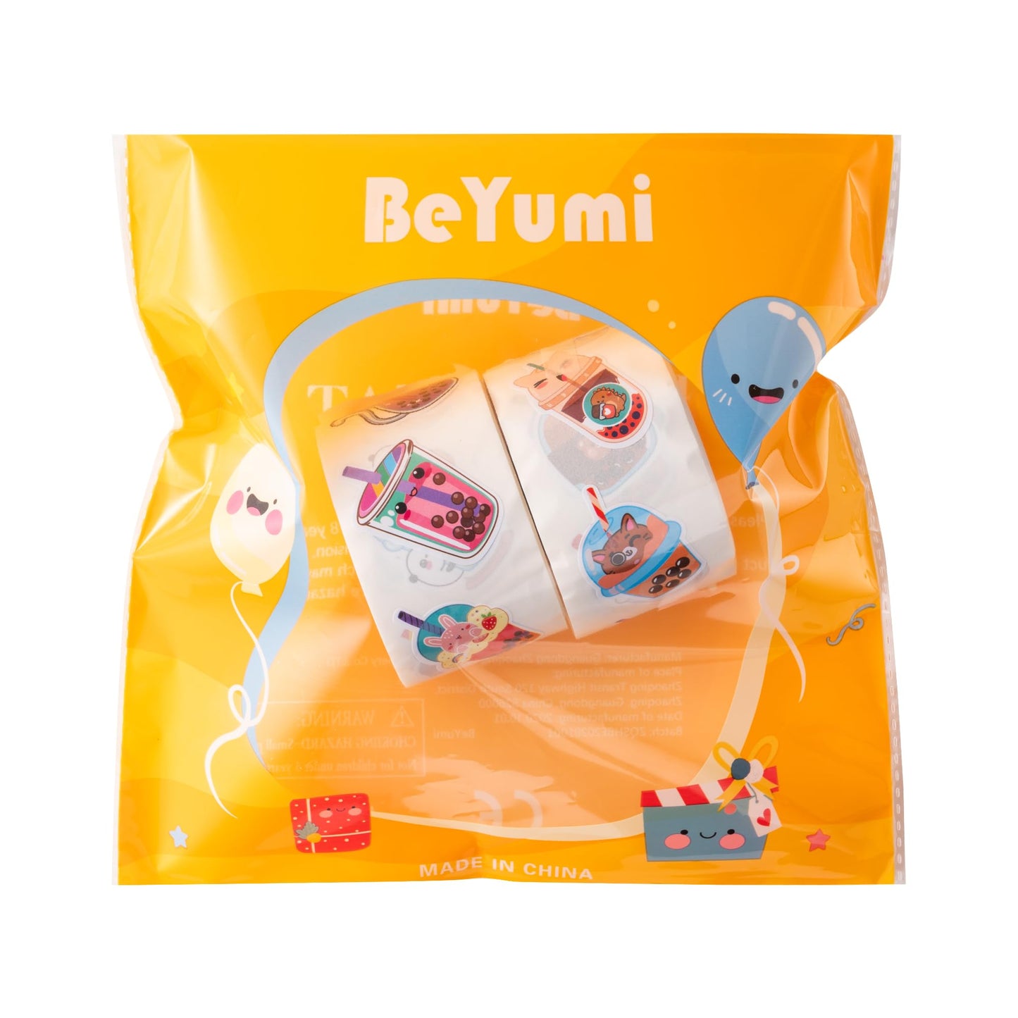 BeYumi Bubble Tea Sticker Roll – 1000 Pcs in 2 Rolls, Waterproof Vinyl, Cute Kawaii Decals