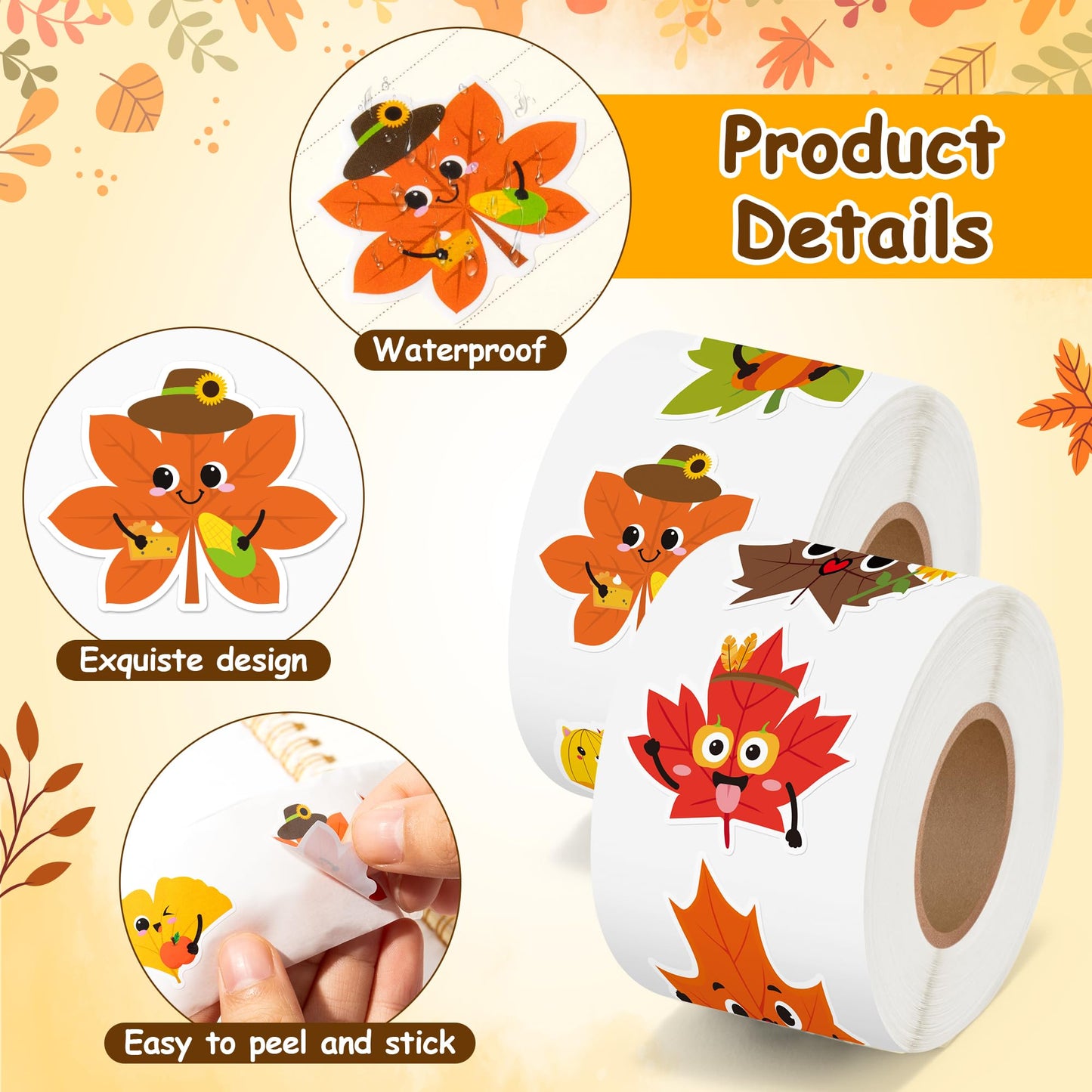 BeYumi Fall Maple Leaves Sticker – 1000 Pcs on 2 Rolls for Autumn Decor