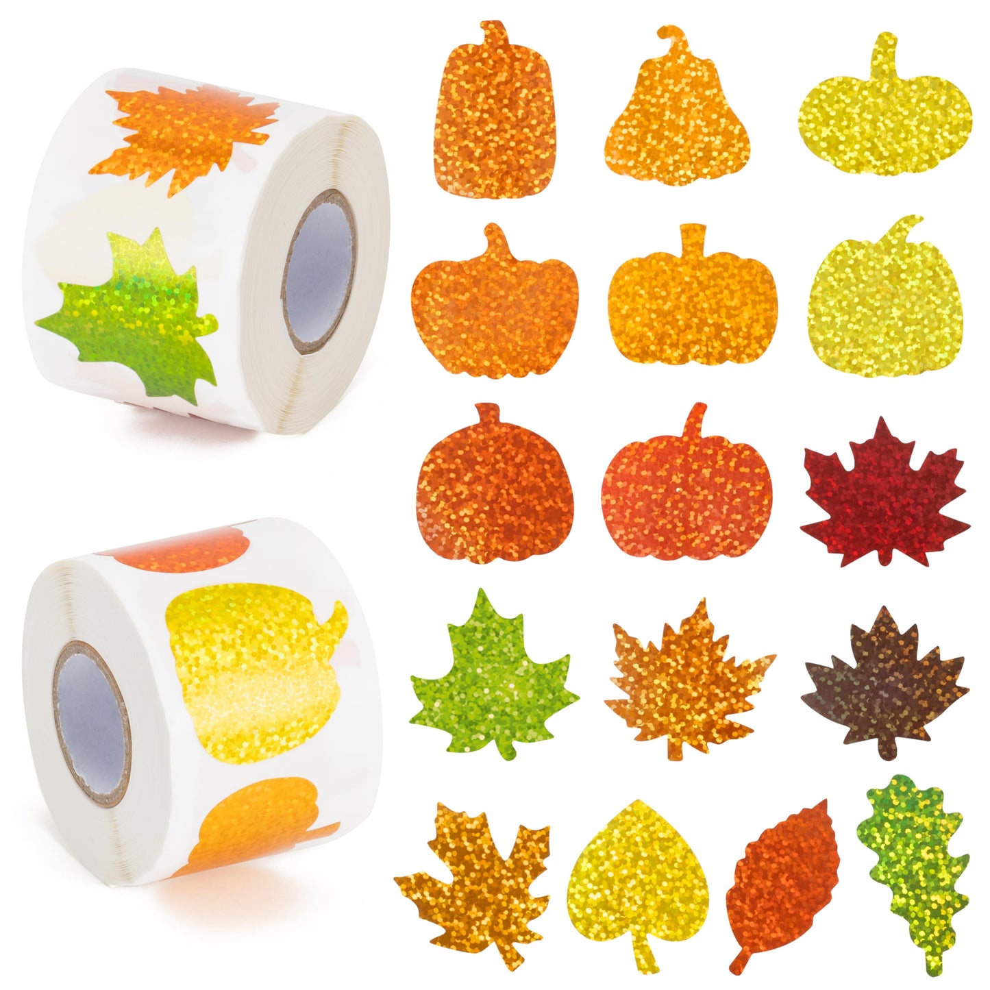 BeYumi Fall Pumpkin Leaves Sticker Set – 1000 Pcs, 2 Rolls, Holographic Autumn Decor for Kids