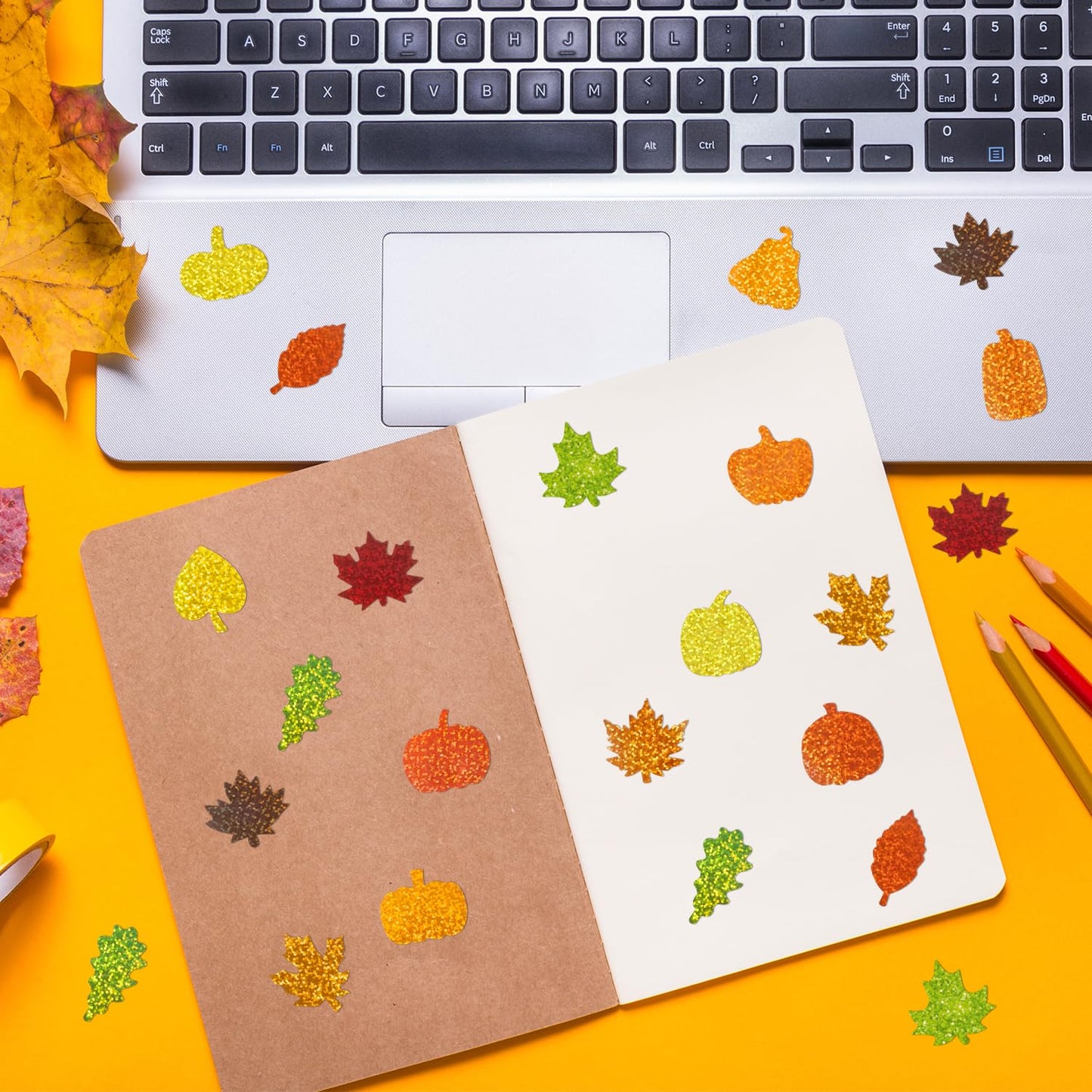 BeYumi Fall Pumpkin Leaves Sticker Set – 1000 Pcs, 2 Rolls, Holographic Autumn Decor for Kids