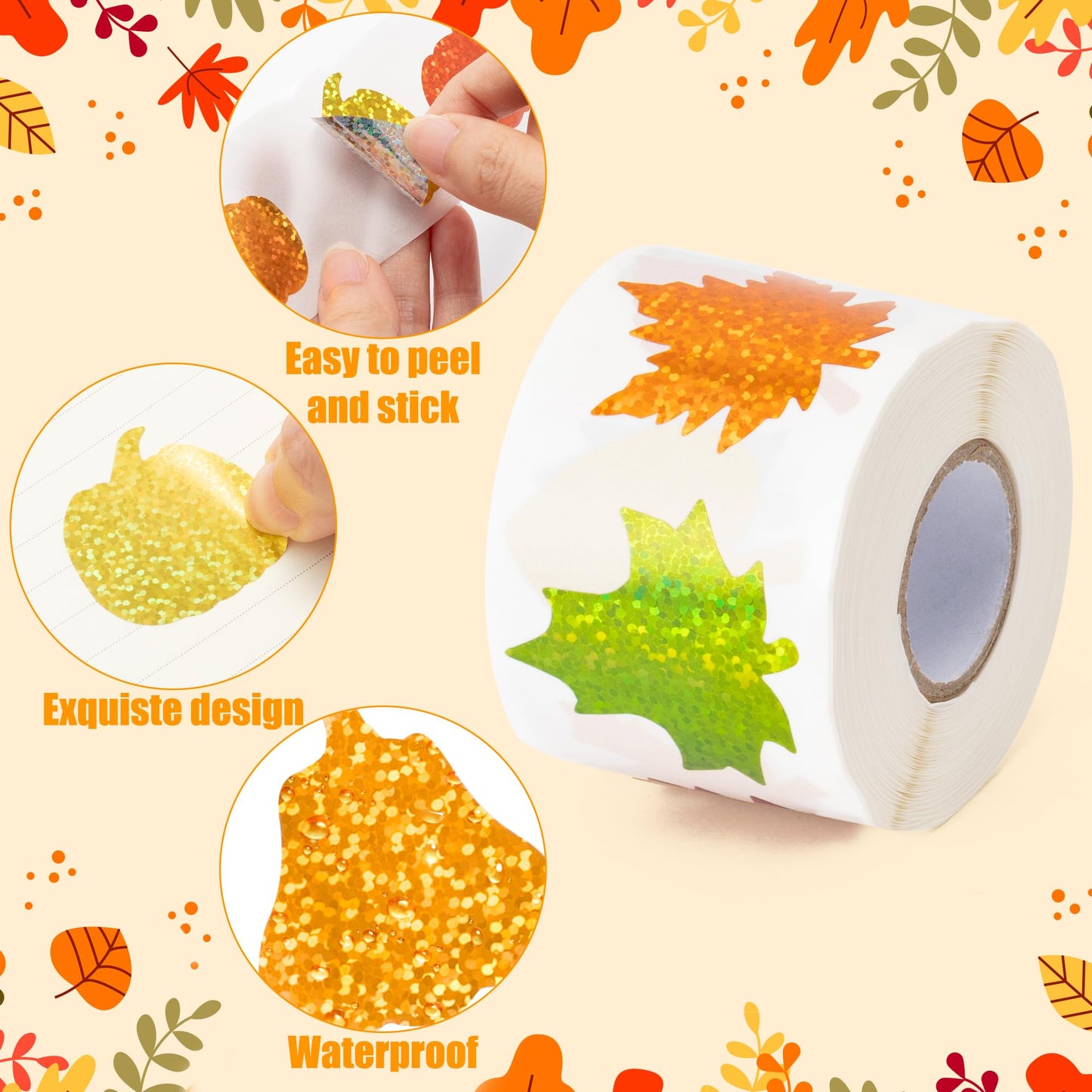 BeYumi Fall Pumpkin Leaves Sticker Set – 1000 Pcs, 2 Rolls, Holographic Autumn Decor for Kids