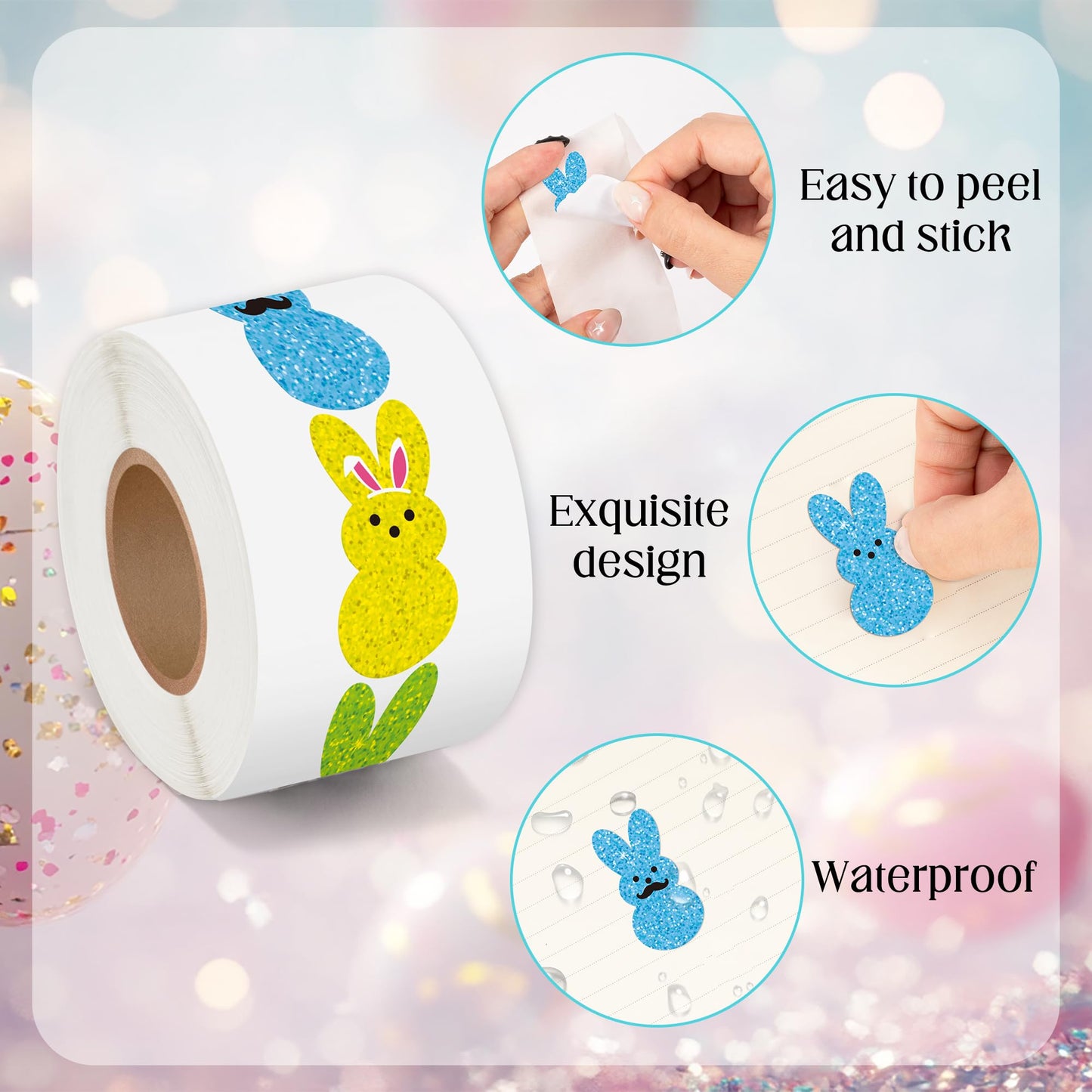BeYumi Easter Laser Bunny Stickers – 1000 Pcs in 2 Rolls | Holographic Glitter Decals for Crafts