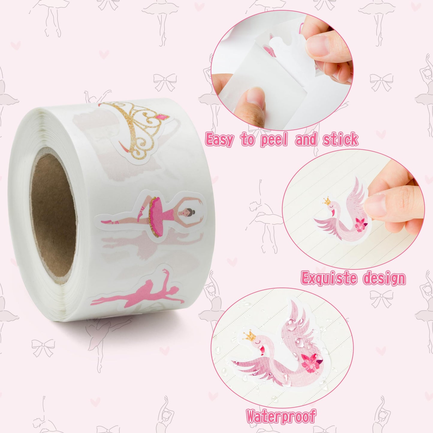 BeYumi Ballet Dance Stickers – 1000 Pcs, 2 Rolls, Pink & Gold Waterproof Vinyl for Laptops, Bottles, Scrapbooks
