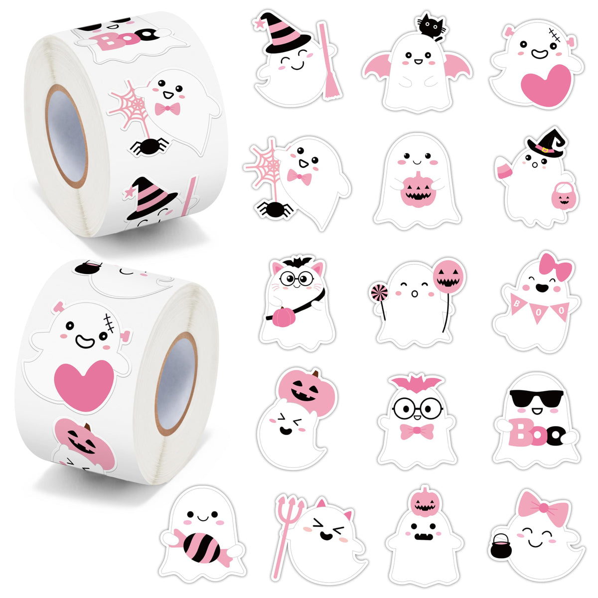 BeYumi Halloween Pink Ghost Stickers – 1000 Pcs, 2 Rolls, Waterproof Vinyl