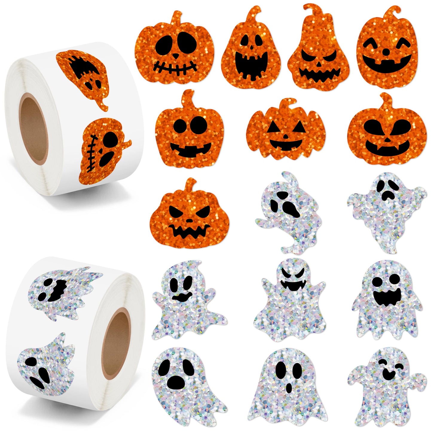BeYumi Halloween Pumpkin Ghost Stickers – 1000Pcs, Laser Holographic Vinyl, 2 Rolls, 16 Shapes