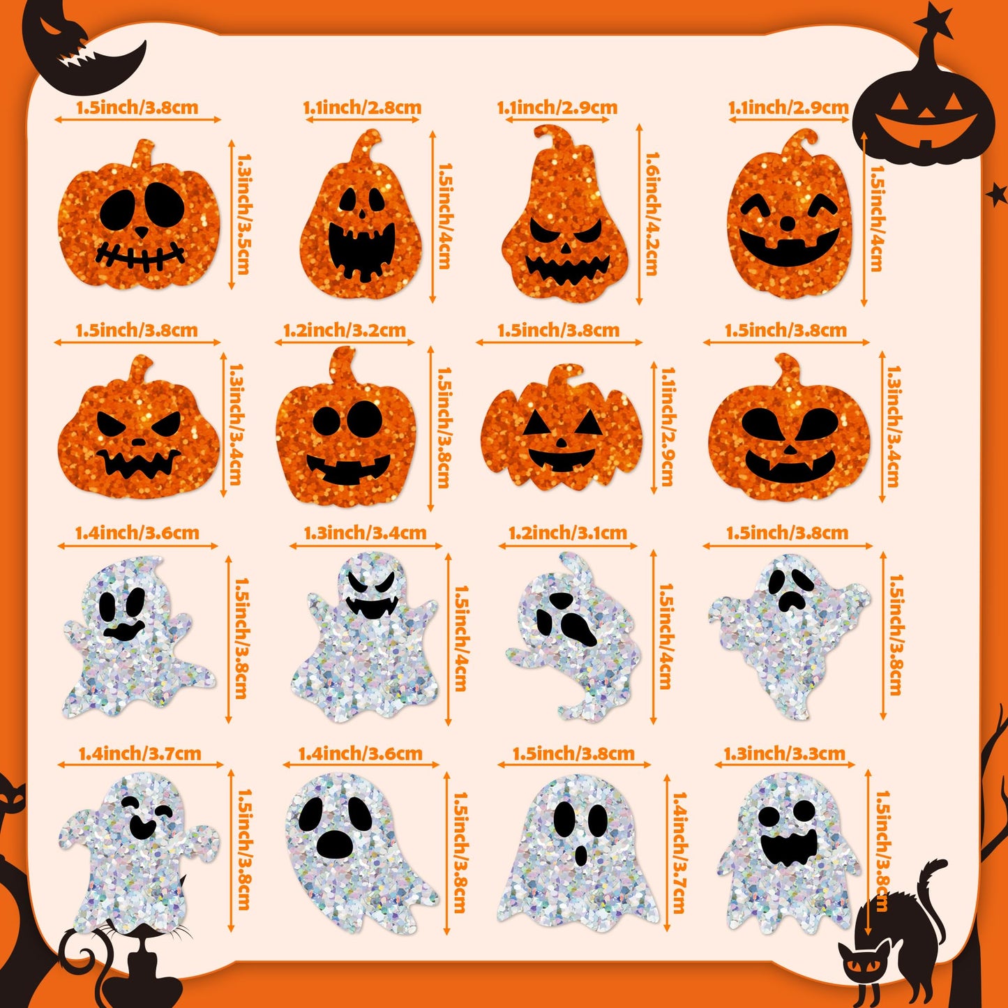 BeYumi Halloween Pumpkin Ghost Stickers – 1000Pcs, Laser Holographic Vinyl, 2 Rolls, 16 Shapes
