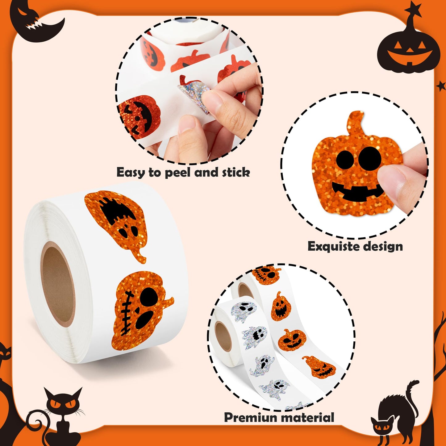 BeYumi Halloween Pumpkin Ghost Stickers – 1000Pcs, Laser Holographic Vinyl, 2 Rolls, 16 Shapes