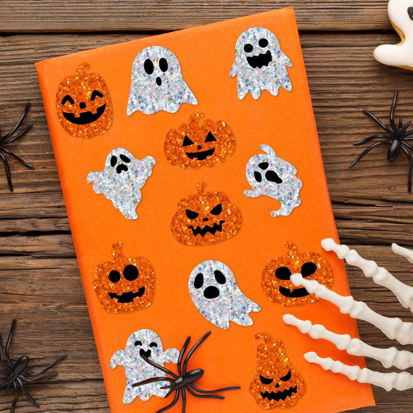 BeYumi Halloween Pumpkin Ghost Stickers – 1000Pcs, Laser Holographic Vinyl, 2 Rolls, 16 Shapes