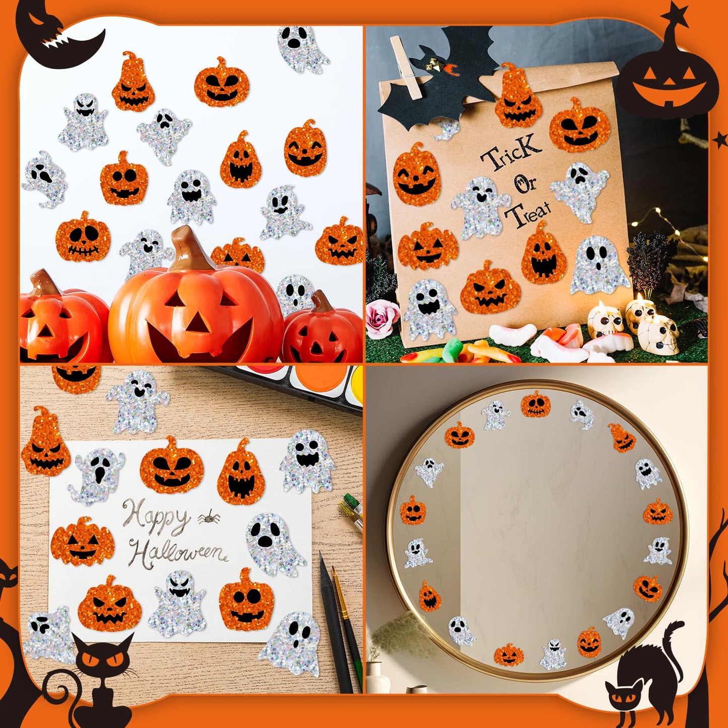 BeYumi Halloween Pumpkin Ghost Stickers – 1000Pcs, Laser Holographic Vinyl, 2 Rolls, 16 Shapes