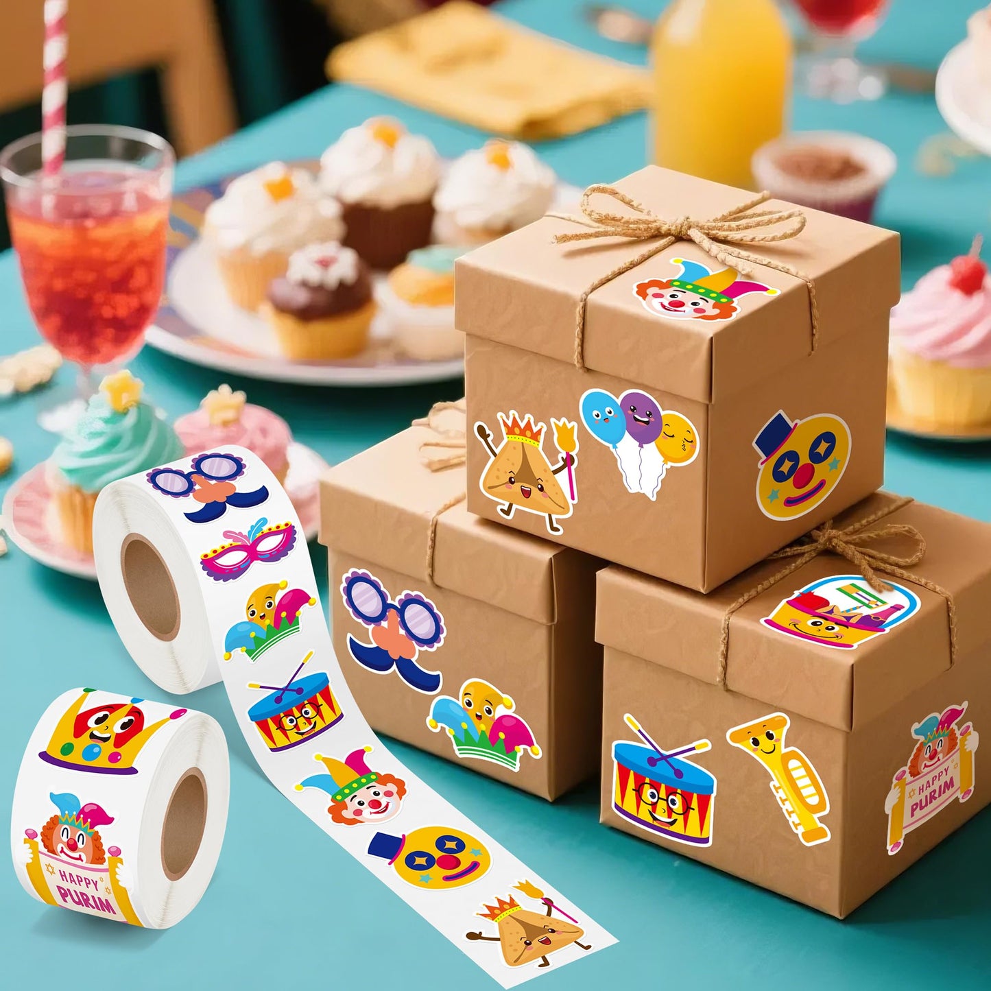 BeYumi Happy Purim Sticker Roll – 1000 Pcs in Two Rolls | Waterproof Vinyl Decals