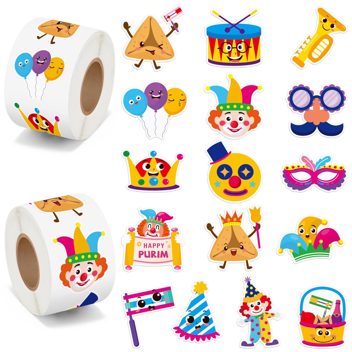 BeYumi Happy Purim Sticker Roll – 1000 Pcs in Two Rolls | Waterproof Vinyl Decals