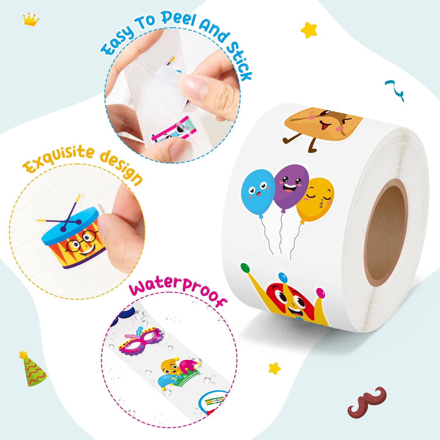 BeYumi Happy Purim Sticker Roll – 1000 Pcs in Two Rolls | Waterproof Vinyl Decals