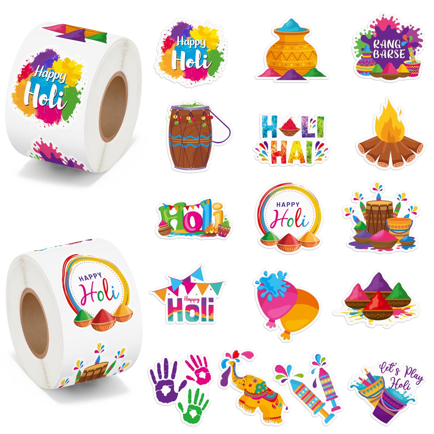 BeYumi Happy Holi Sticker Roll – 1000 Pcs, Waterproof Vinyl, Two Rolls