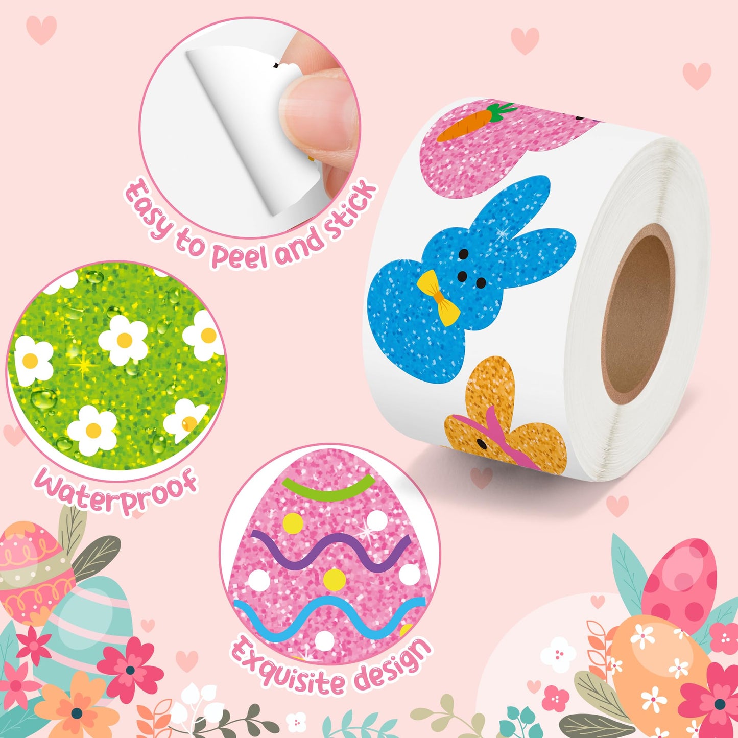 BeYumi Easter Laser Bunny Stickers – 1000 Pcs Holographic Glitter Rolls for Decor & Gifts