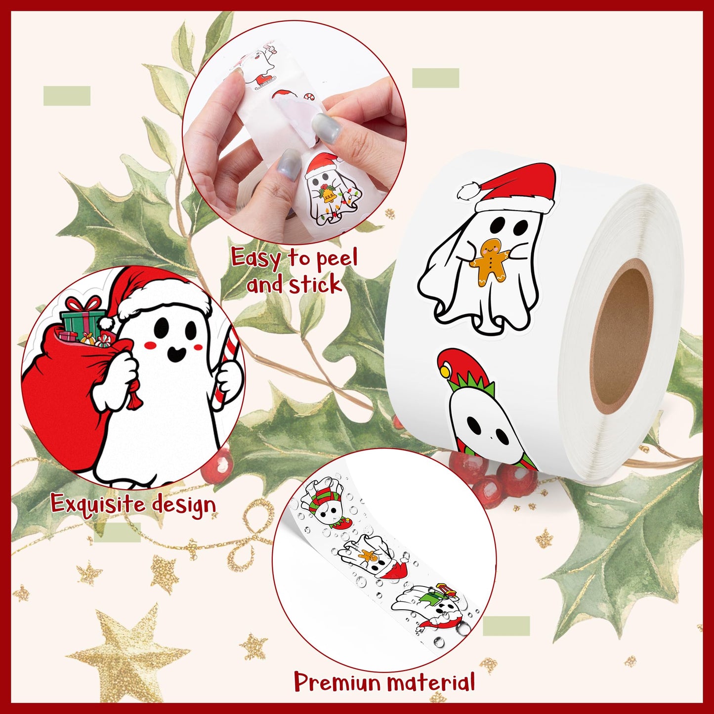 BeYumi Christmas Ghost Stickers – 1000Pcs Santa Hat Kawaii Vinyl Decals