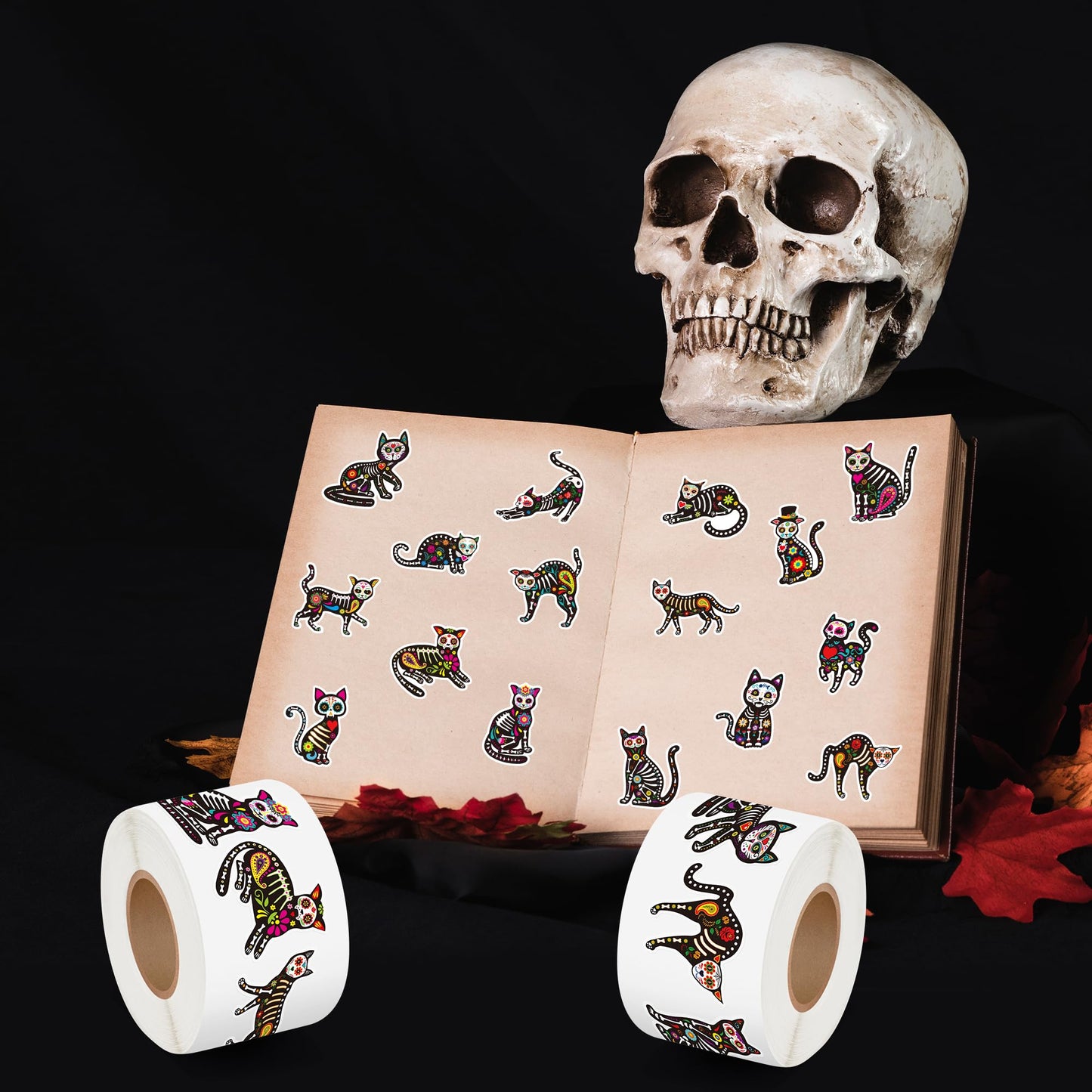 BeYumi Skeleton Cat Roll Stickers – 1000 Pcs, 2 Rolls for Dia de Los Muertos & Halloween