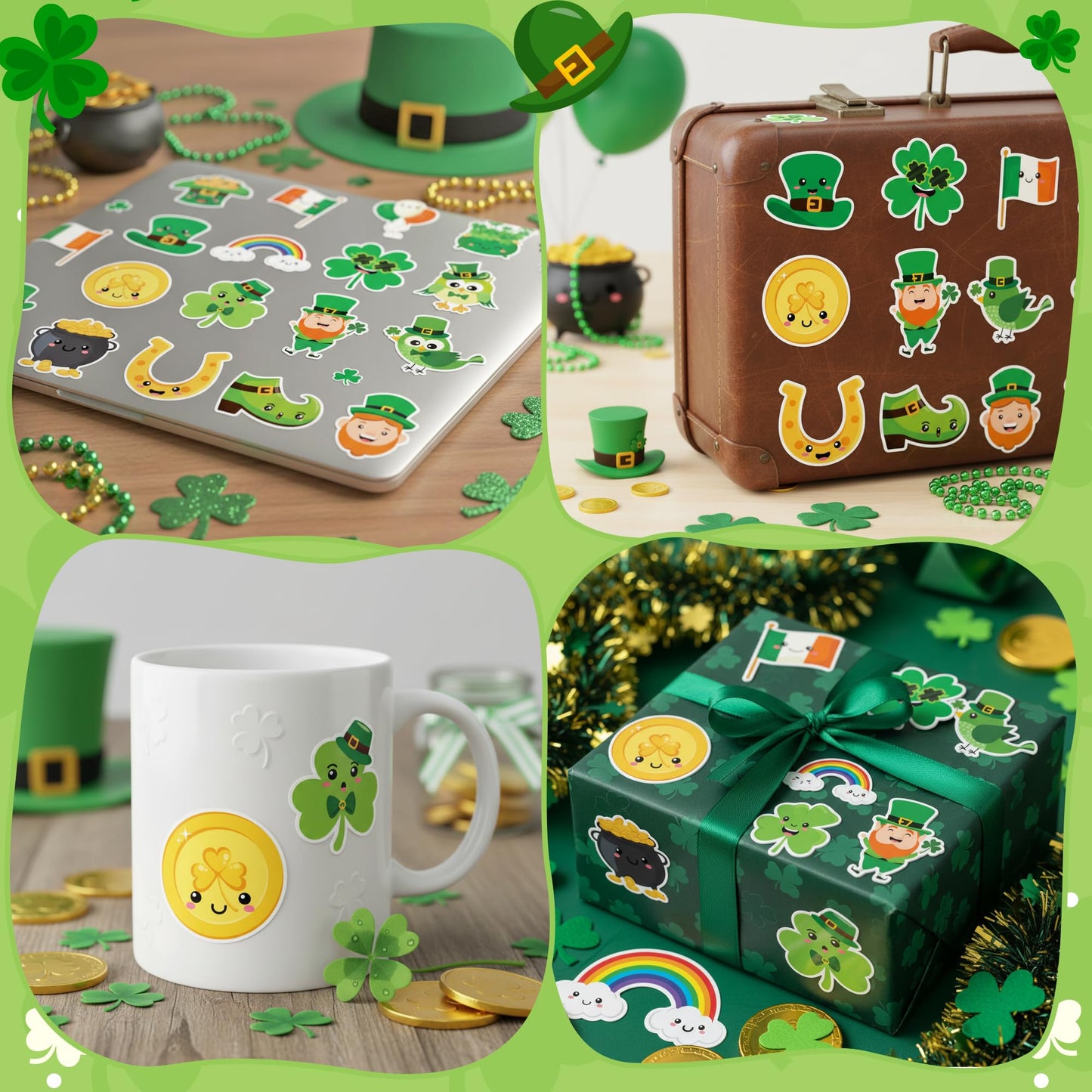 BeYumi Cute Shamrock Sticker Roll – 1000 Pcs St. Patrick's Day Waterproof Vinyl Stickers (2 Rolls)