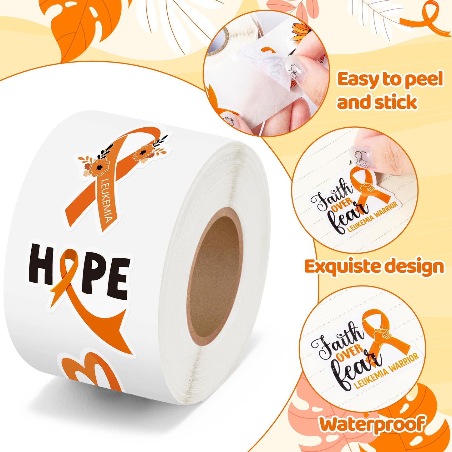 BeYumi Leukemia Awareness Orange Sticker — 1000 Pcs in 2 Rolls | Waterproof Vinyl Decals