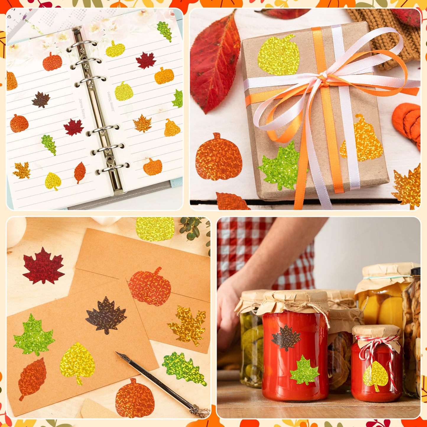 BeYumi Fall Pumpkin Leaves Sticker Set – 1000 Pcs, 2 Rolls, Holographic Autumn Decor for Kids