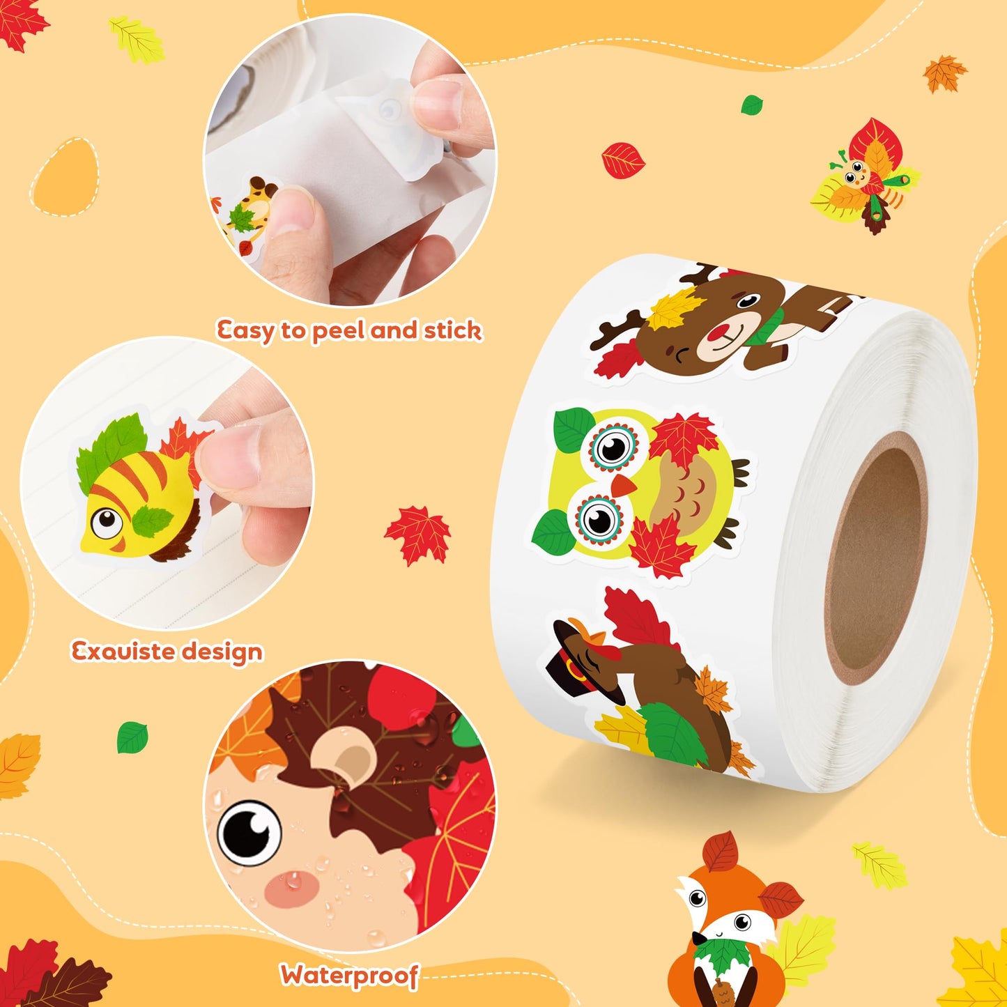 BeYumi Maple Leaves Animals Stickers – 1000 Pcs in 2 Rolls for Autumn & Thanksgiving