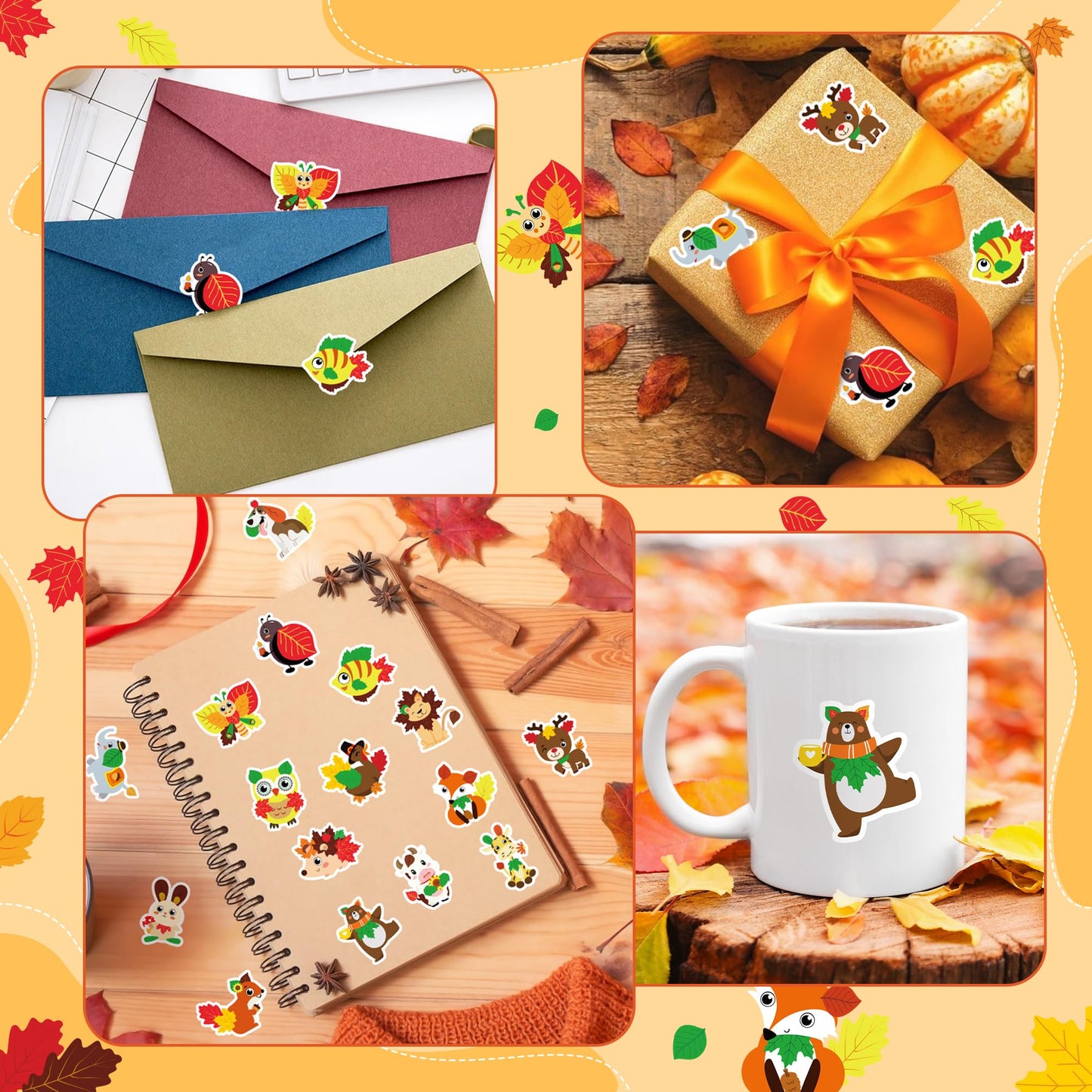 BeYumi Maple Leaves Animals Stickers – 1000 Pcs in 2 Rolls for Autumn & Thanksgiving