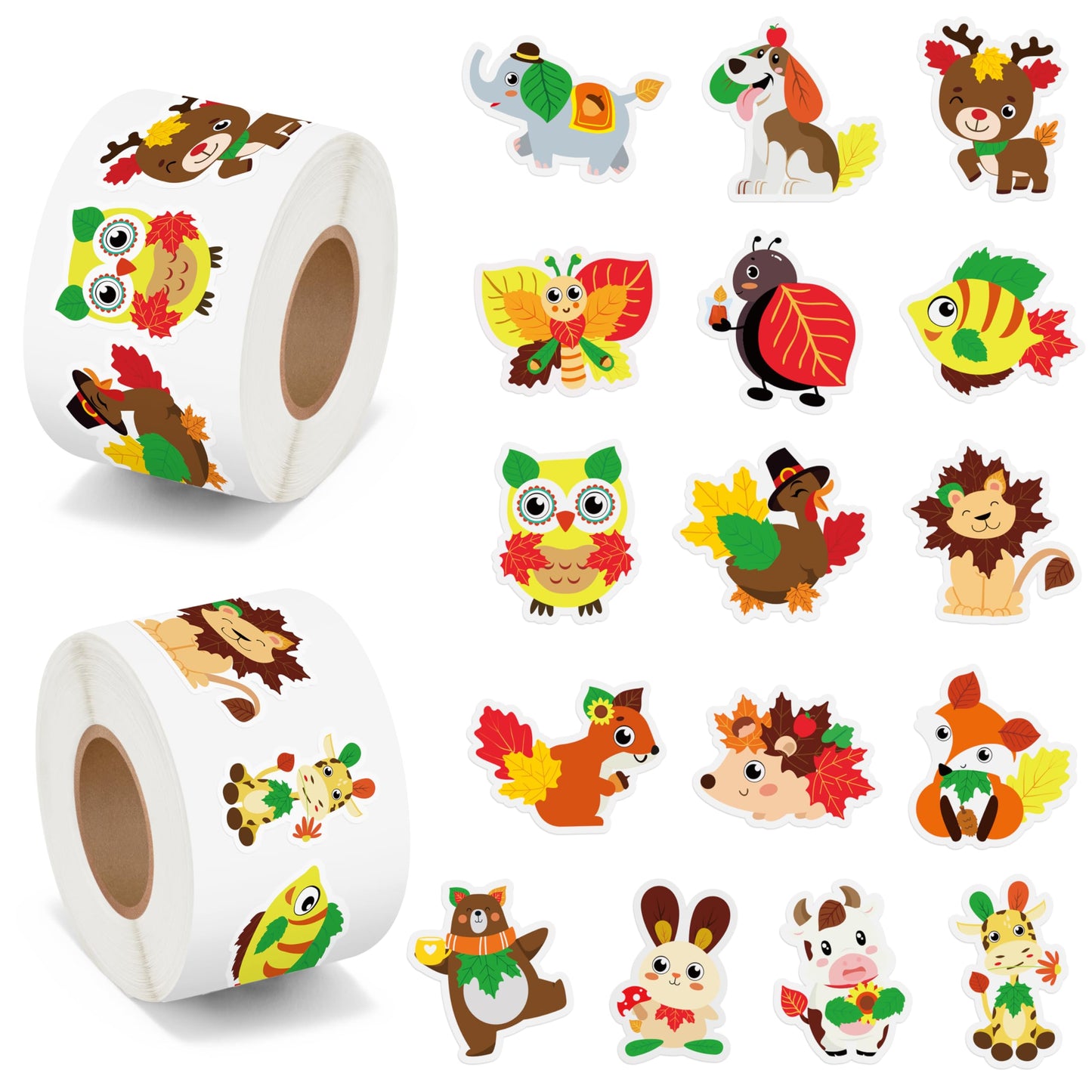 BeYumi Maple Leaves Animals Stickers – 1000 Pcs in 2 Rolls for Autumn & Thanksgiving