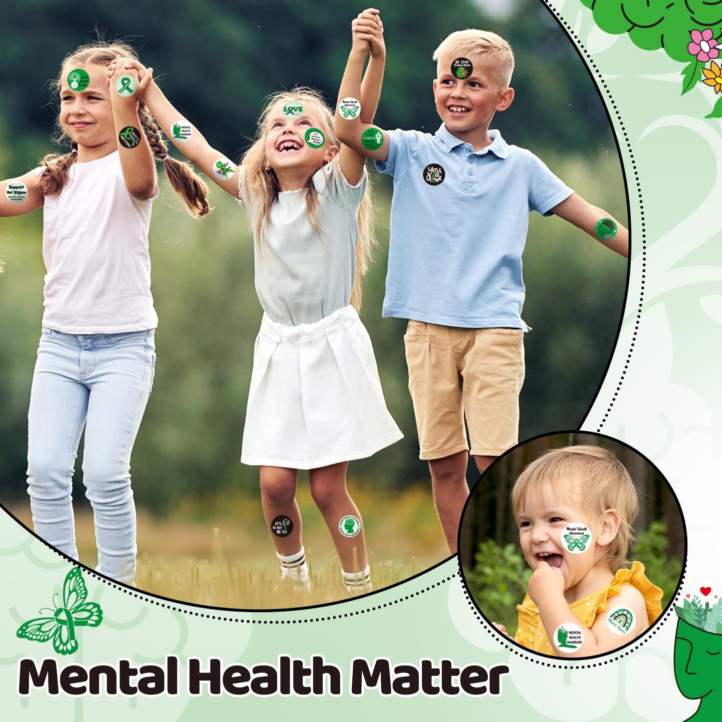 BeYumi Mental Health Awareness Stickers – 1000 Pcs in 2 Rolls, Green Ribbon Design