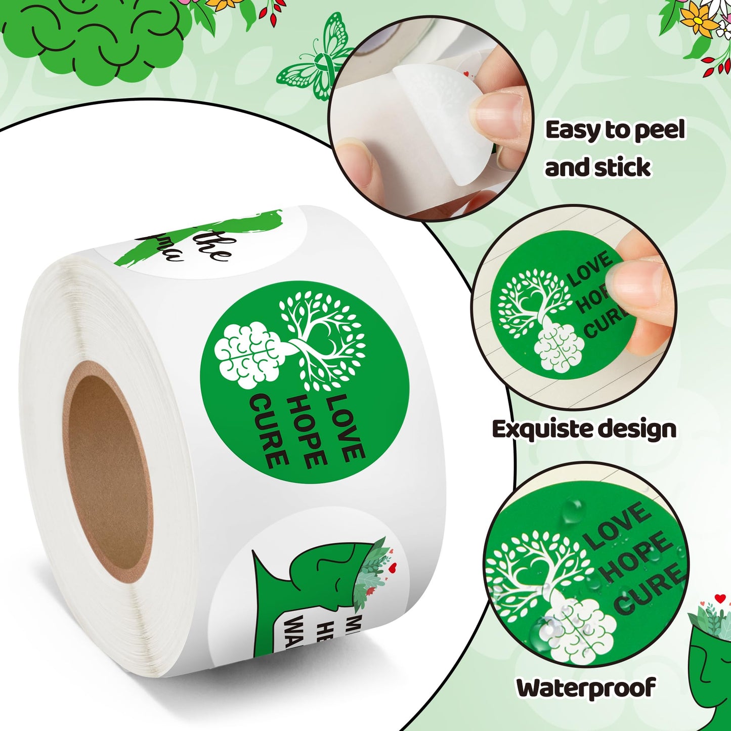 BeYumi Mental Health Awareness Stickers – 1000 Pcs in 2 Rolls, Green Ribbon Design