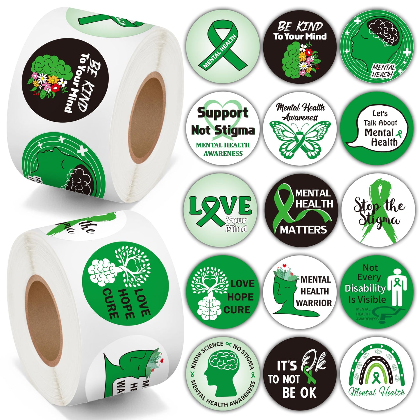 BeYumi Mental Health Awareness Stickers – 1000 Pcs in 2 Rolls, Green Ribbon Design