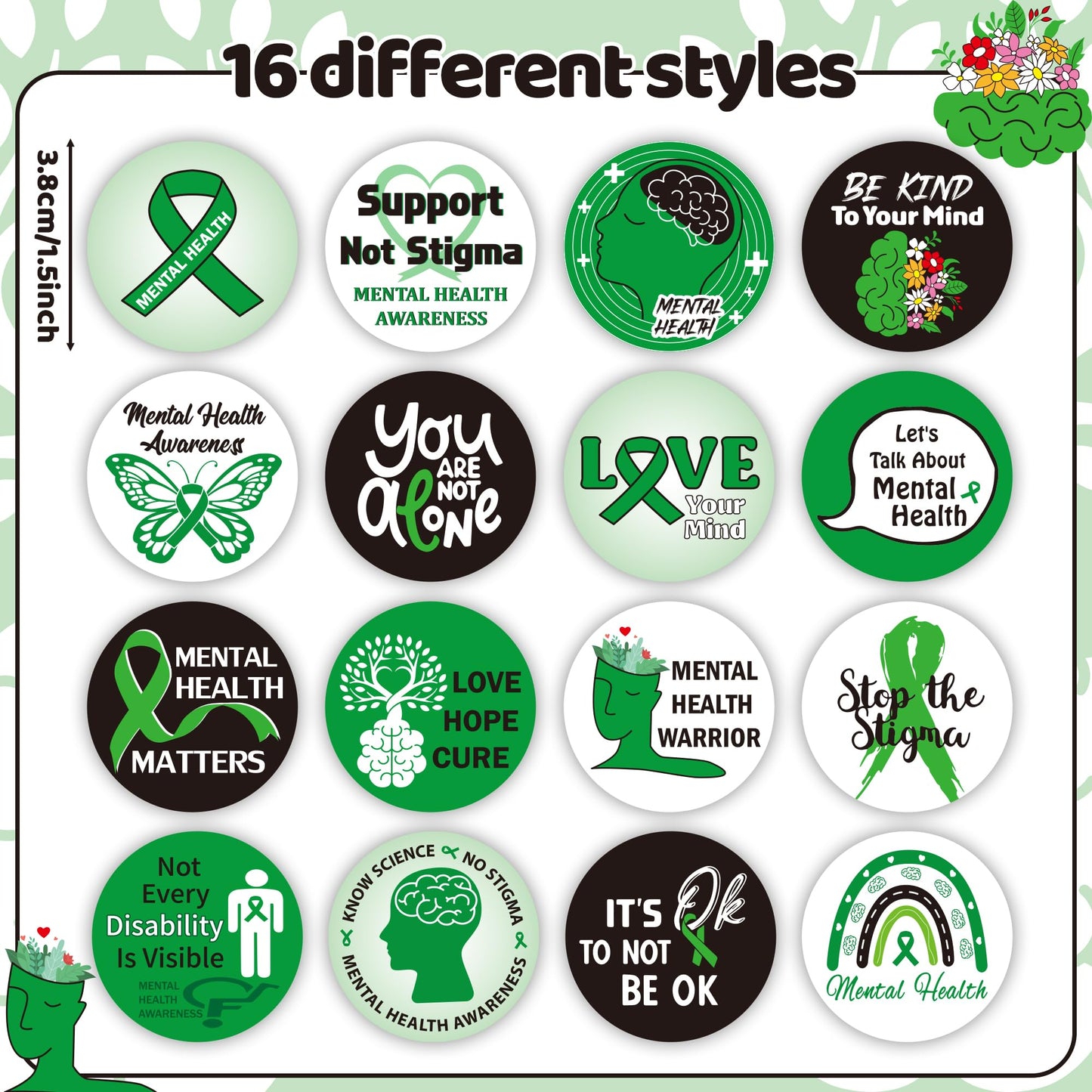 BeYumi Mental Health Awareness Stickers – 1000 Pcs in 2 Rolls, Green Ribbon Design