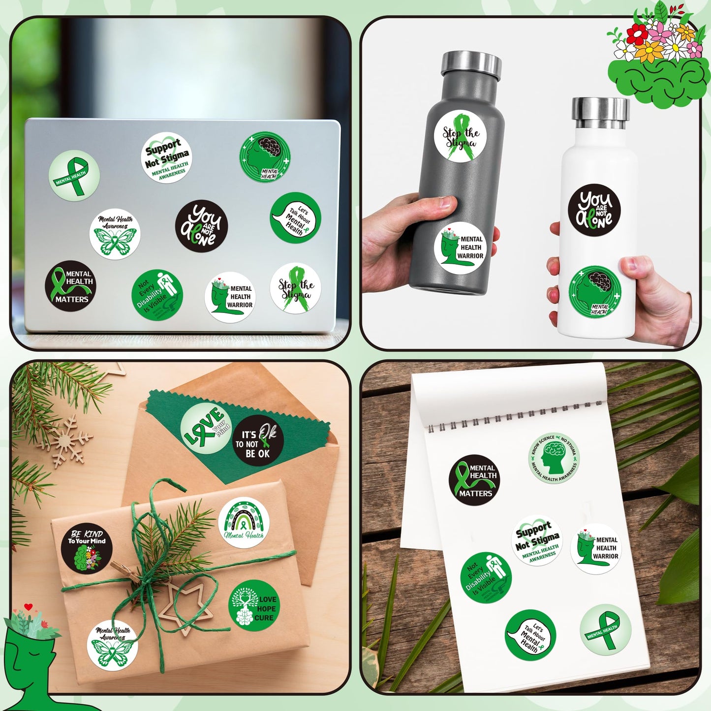 BeYumi Mental Health Awareness Stickers – 1000 Pcs in 2 Rolls, Green Ribbon Design