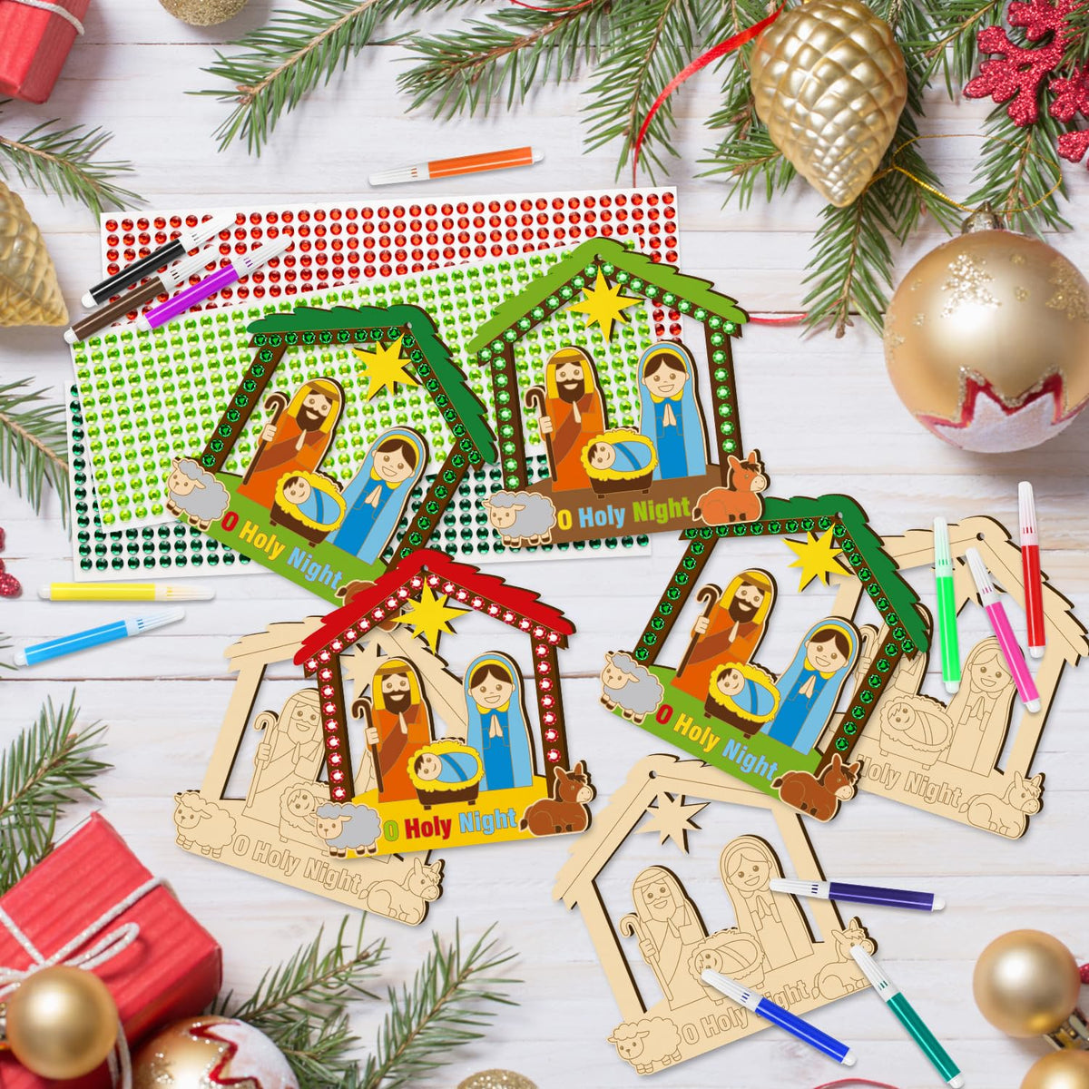 BeYumi Christmas Wooden House Craft Kit – Nativity Decor with Gem Stickers