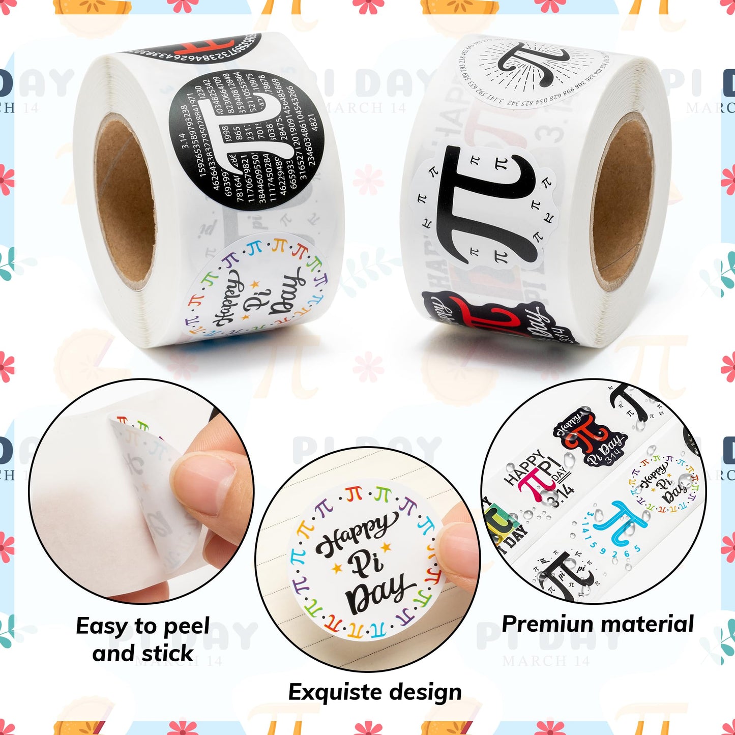 BeYumi Pi Day Stickers – 1000 Pcs in 2 Rolls | Waterproof Vinyl Decals