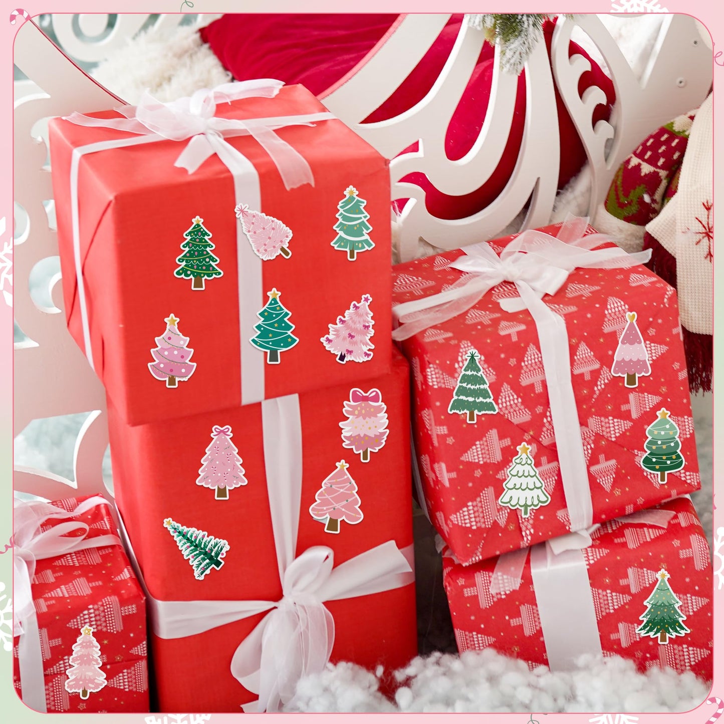 BeYumi Christmas Pine Tree Sticker Set – 1000 Pcs, Pink & Green, Waterproof Vinyl