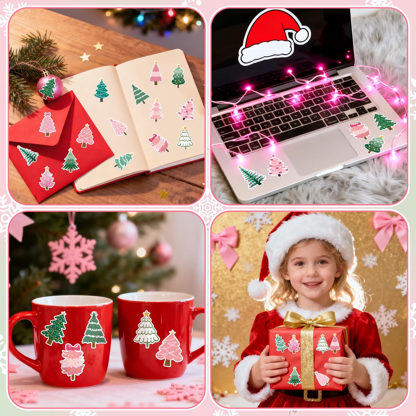 BeYumi Christmas Pine Tree Sticker Set – 1000 Pcs, Pink & Green, Waterproof Vinyl