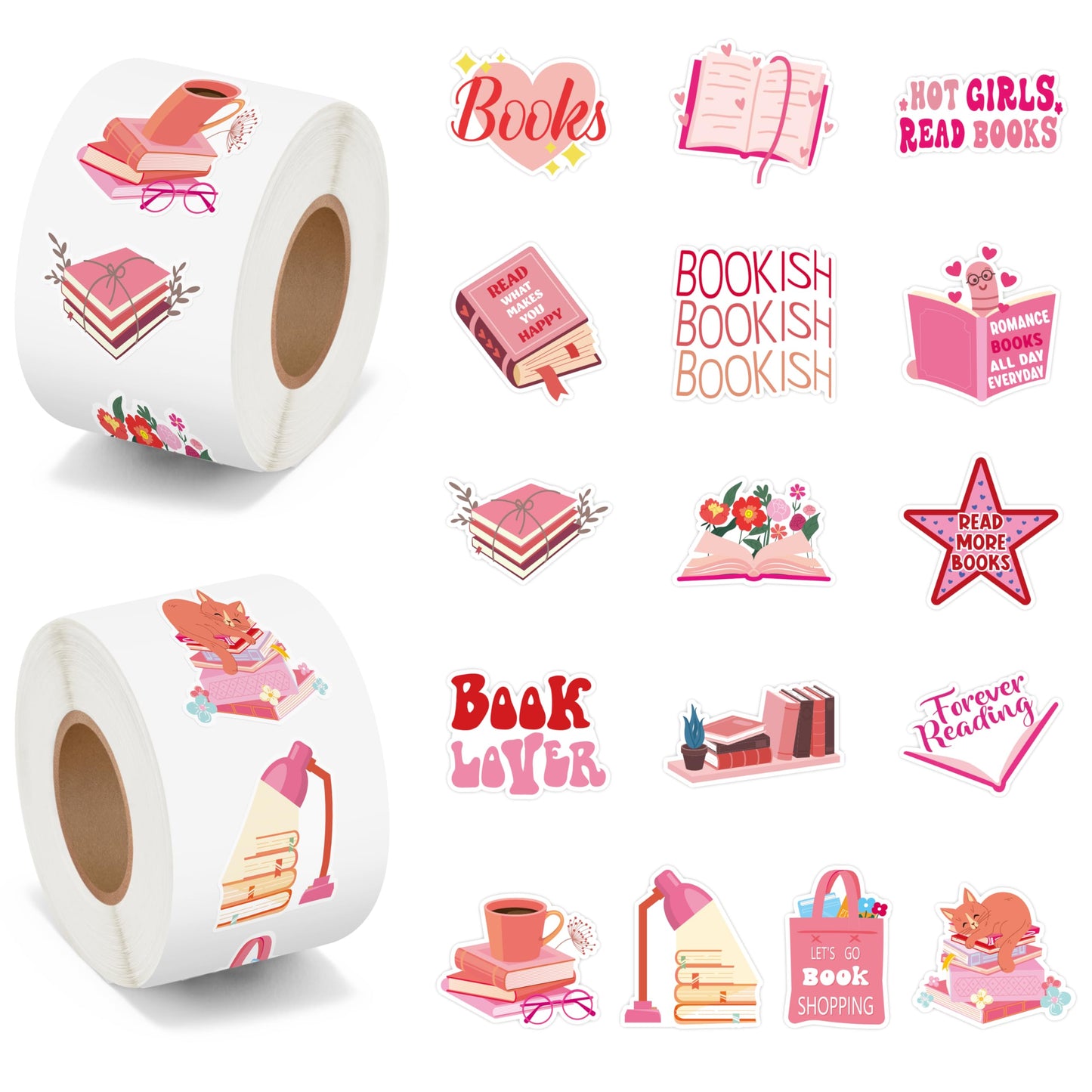 BeYumi Pink Bookish Sticker Roll – 1000 Pcs, 2 Rolls, Waterproof Vinyl Bookish Decals