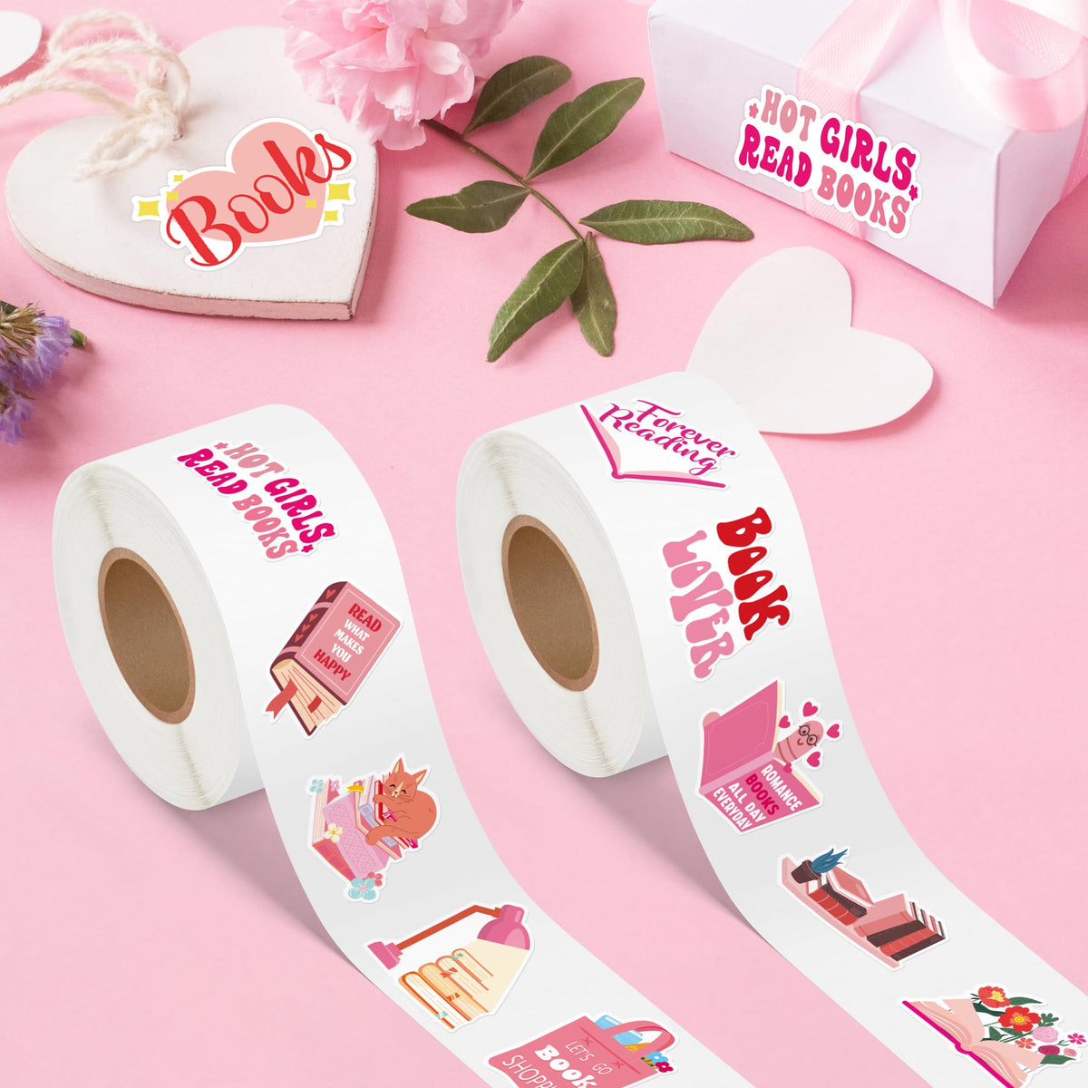 BeYumi Pink Bookish Sticker Roll – 1000 Pcs, 2 Rolls, Waterproof Vinyl Bookish Decals