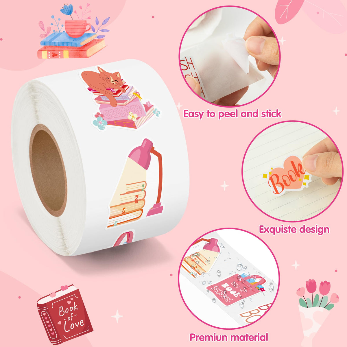 BeYumi Pink Bookish Sticker Roll – 1000 Pcs, 2 Rolls, Waterproof Vinyl Bookish Decals