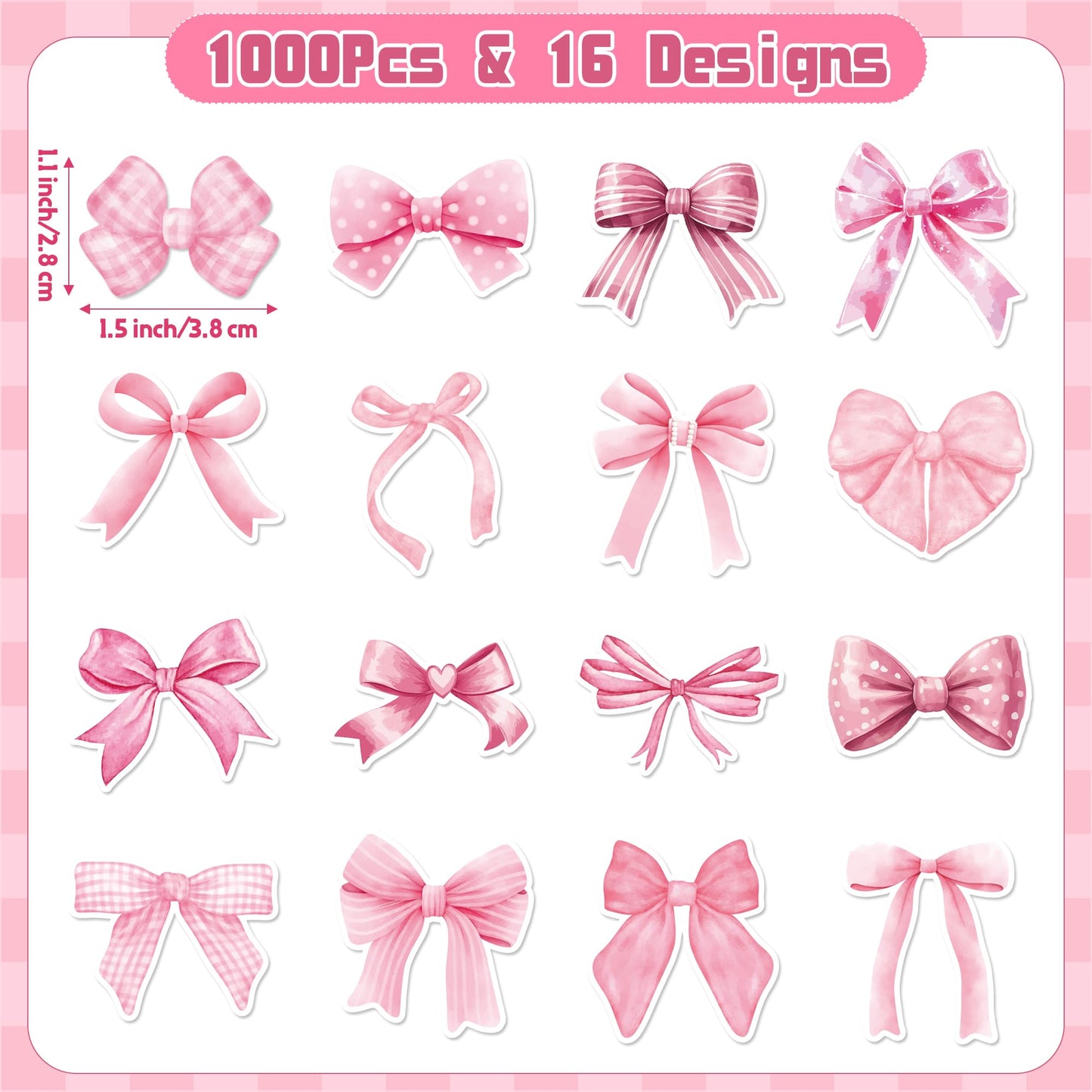 BeYumi Pink Bows Sticker Roll – 1000 Pcs Waterproof Vinyl, Girly Aesthetic for Gifts, Laptops, Scrapbooks
