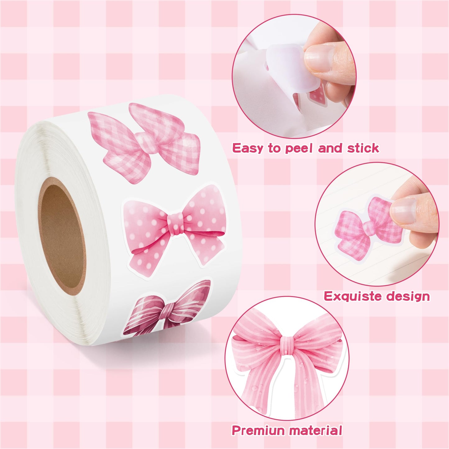 BeYumi Pink Bows Sticker Roll – 1000 Pcs Waterproof Vinyl, Girly Aesthetic for Gifts, Laptops, Scrapbooks