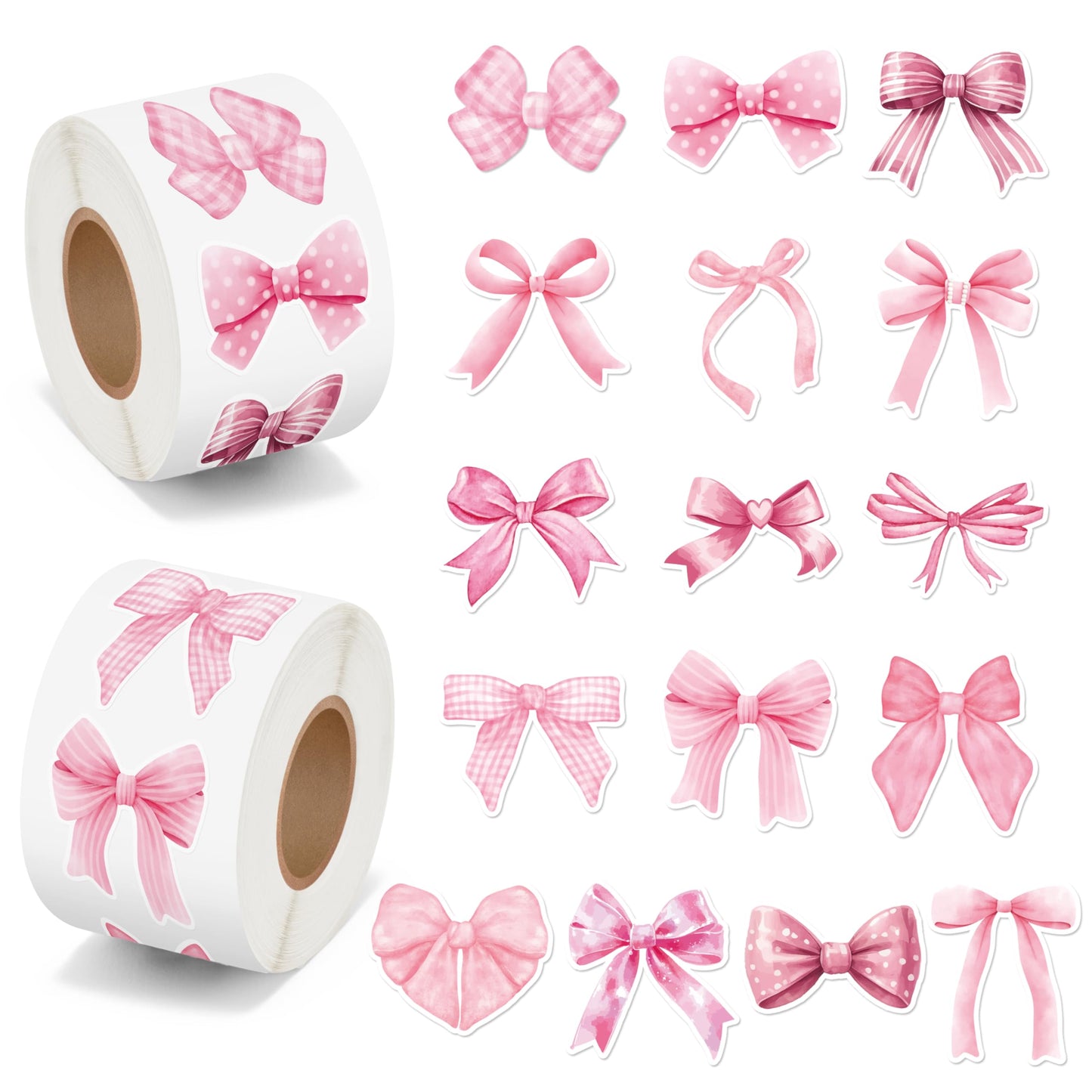 BeYumi Pink Bows Sticker Roll – 1000 Pcs Waterproof Vinyl, Girly Aesthetic for Gifts, Laptops, Scrapbooks