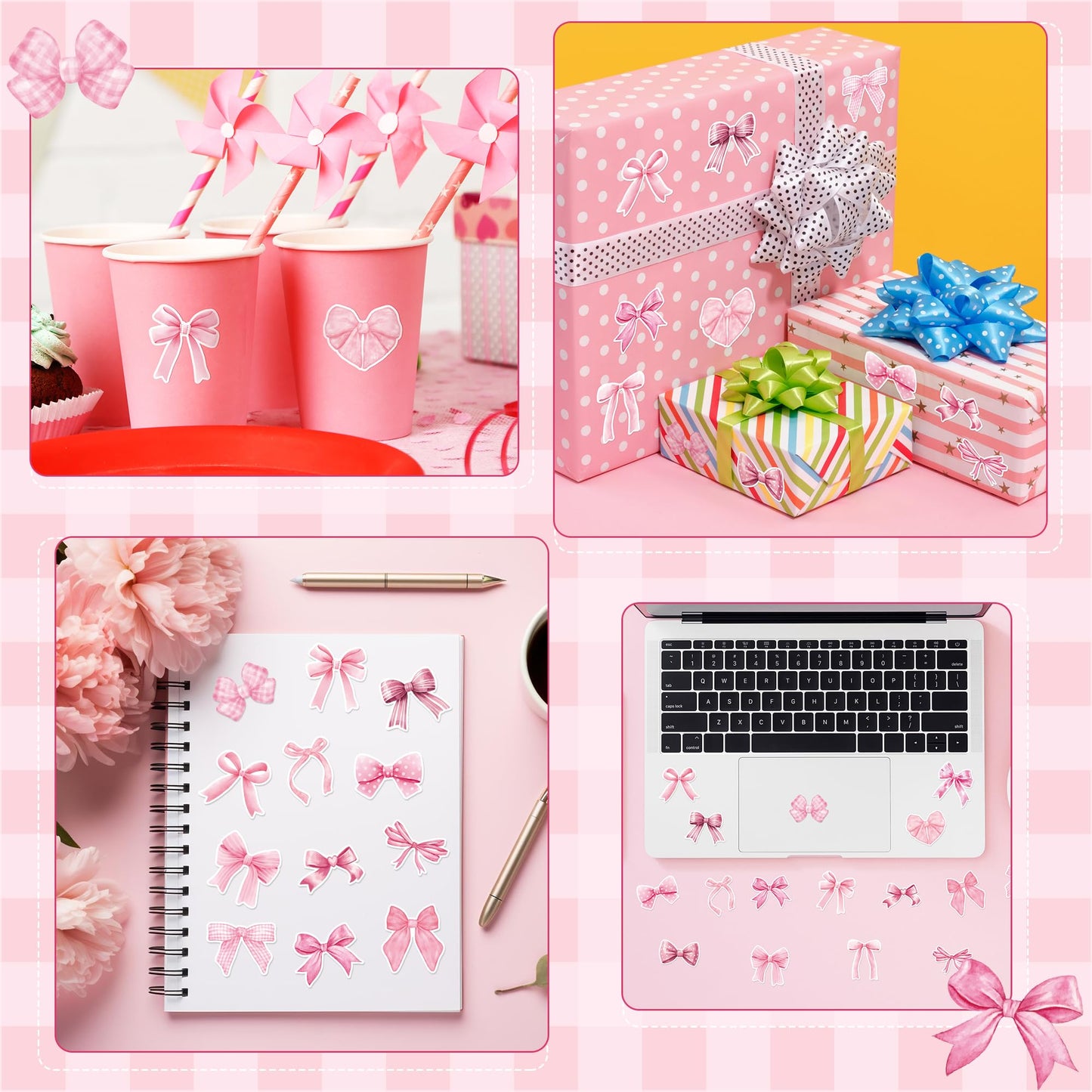 BeYumi Pink Bows Sticker Roll – 1000 Pcs Waterproof Vinyl, Girly Aesthetic for Gifts, Laptops, Scrapbooks