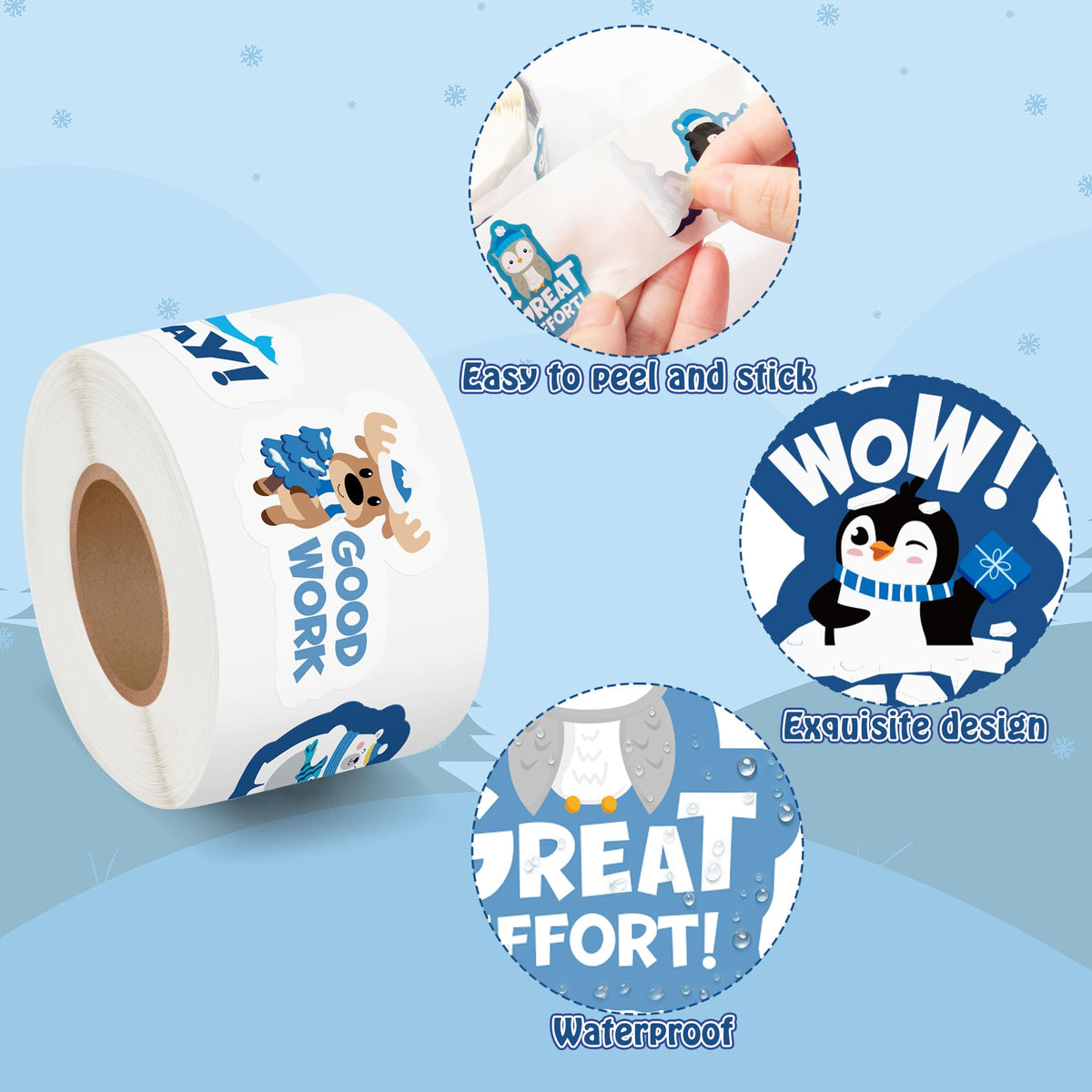 BeYumi Winter Polar Animal Sticker Set – 1000 Pcs in 2 Rolls, Waterproof Vinyl