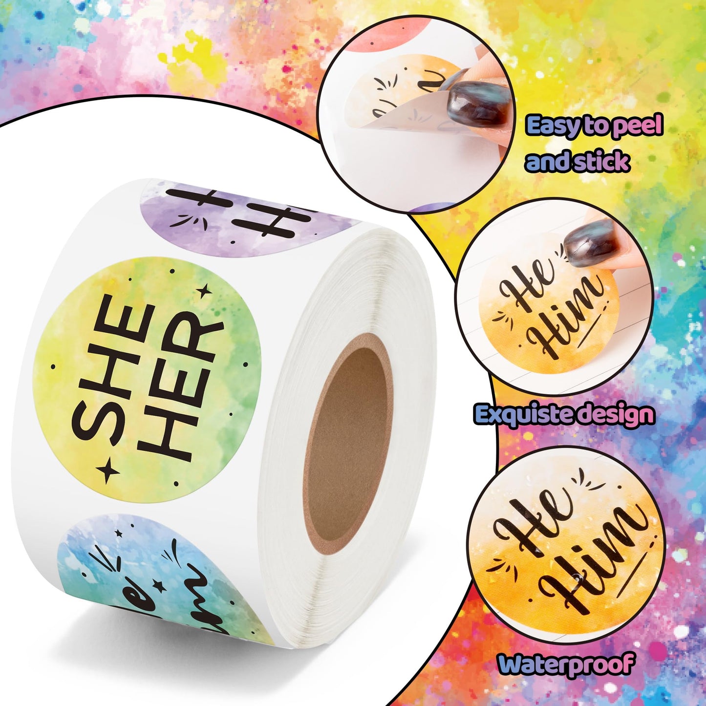 BeYumi Pronoun Round Rainbow Stickers – 1000 Pcs in 2 Rolls for Inclusive Events