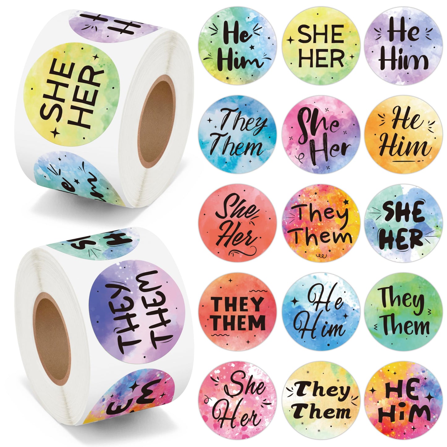 BeYumi Pronoun Round Rainbow Stickers – 1000 Pcs in 2 Rolls for Inclusive Events