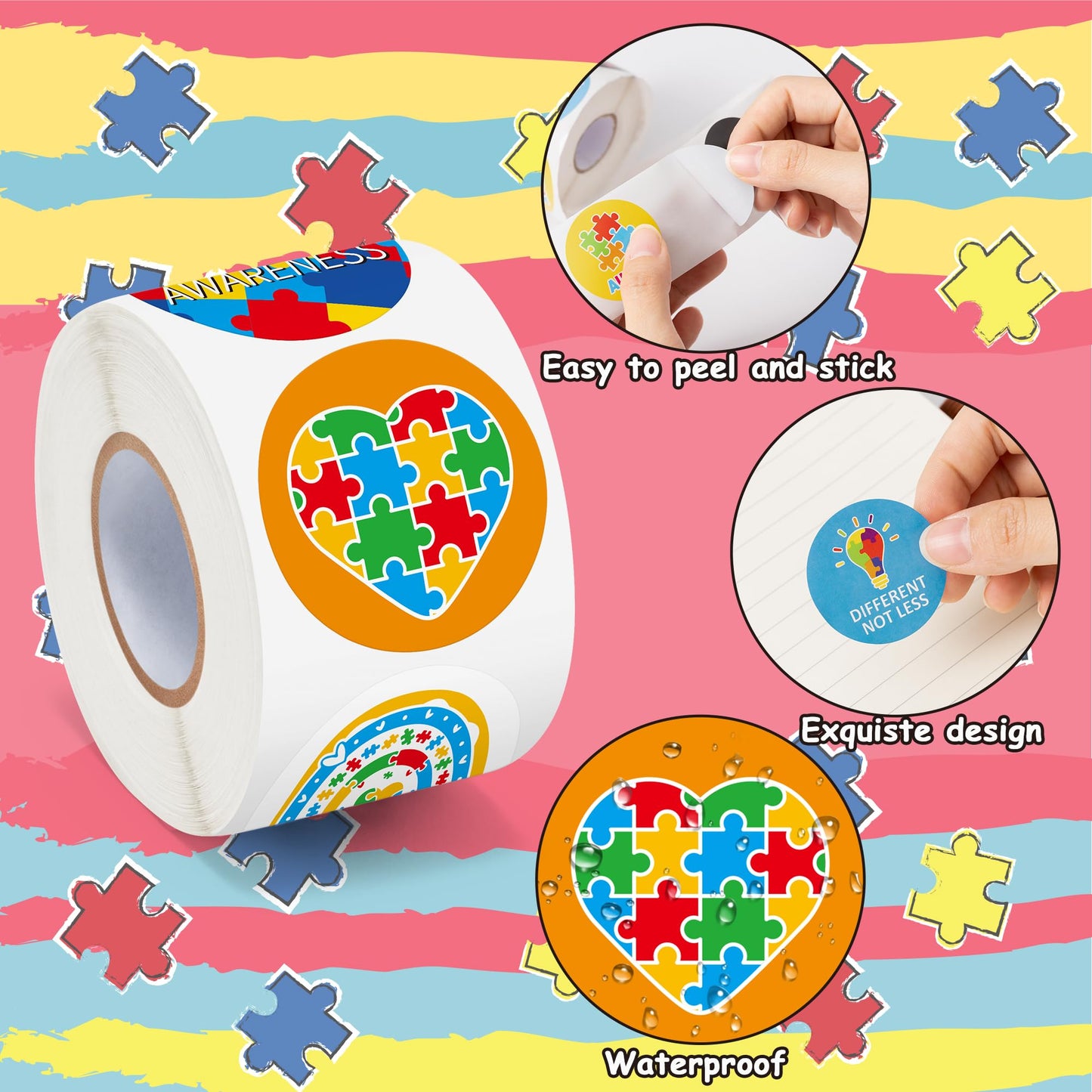 BeYumi Autism Awareness Roll Stickers – 1000Pcs, 2 Rolls, Waterproof Vinyl, Puzzle Pieces & Ribbon Design for Fundraisers & Events