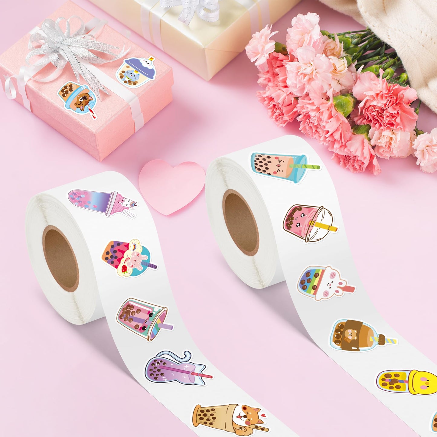 BeYumi Bubble Tea Sticker Roll – 1000 Pcs in 2 Rolls, Waterproof Vinyl, Cute Kawaii Decals