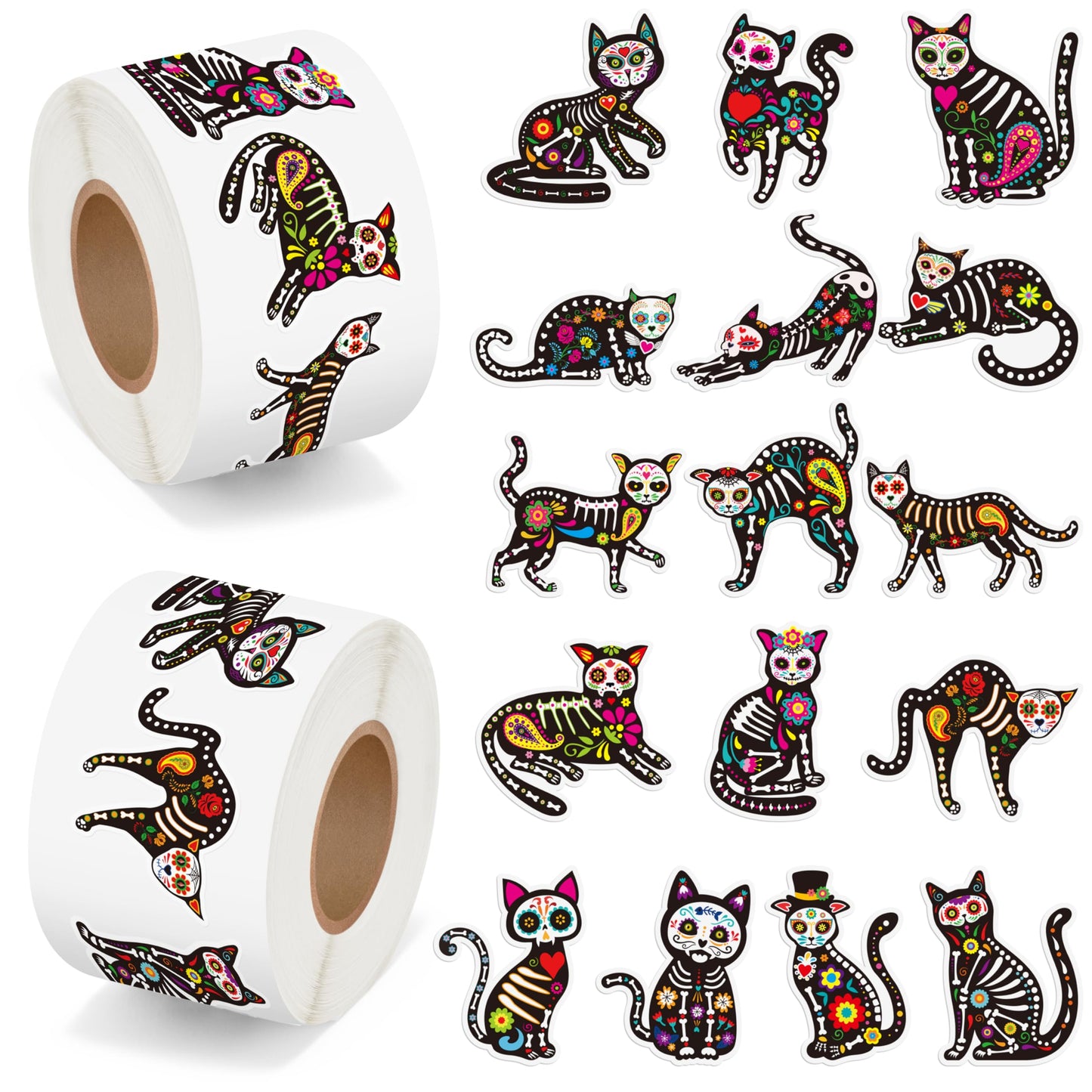 BeYumi Skeleton Cat Roll Stickers – 1000 Pcs, 2 Rolls for Dia de Los Muertos & Halloween